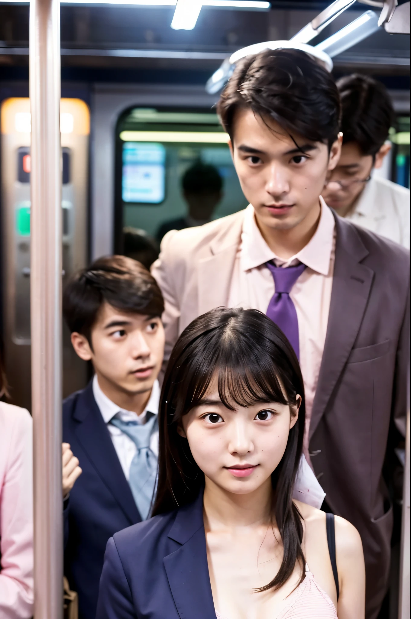 A very cute face like a Japanese idol、18-year-old female、Gentle and cute、She is wearing a light pink bikini、night、(A train crowded with male office workers)、(A train crowded with many male office workers)、(Male office workers wear suits)、((whole body))、RAW Photos、Genuine、Like live action、High resolution、Life