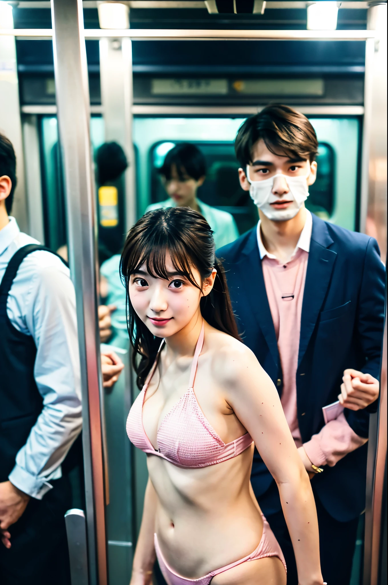 A very cute face like a Japanese idol、18-year-old female、Gentle and cute、She is wearing a light pink bikini、night、(A train crowded with male office workers)、(A train crowded with many male office workers)、(Male office workers wear suits)、((whole body))、RAW Photos、Genuine、Like live action、High resolution、Life