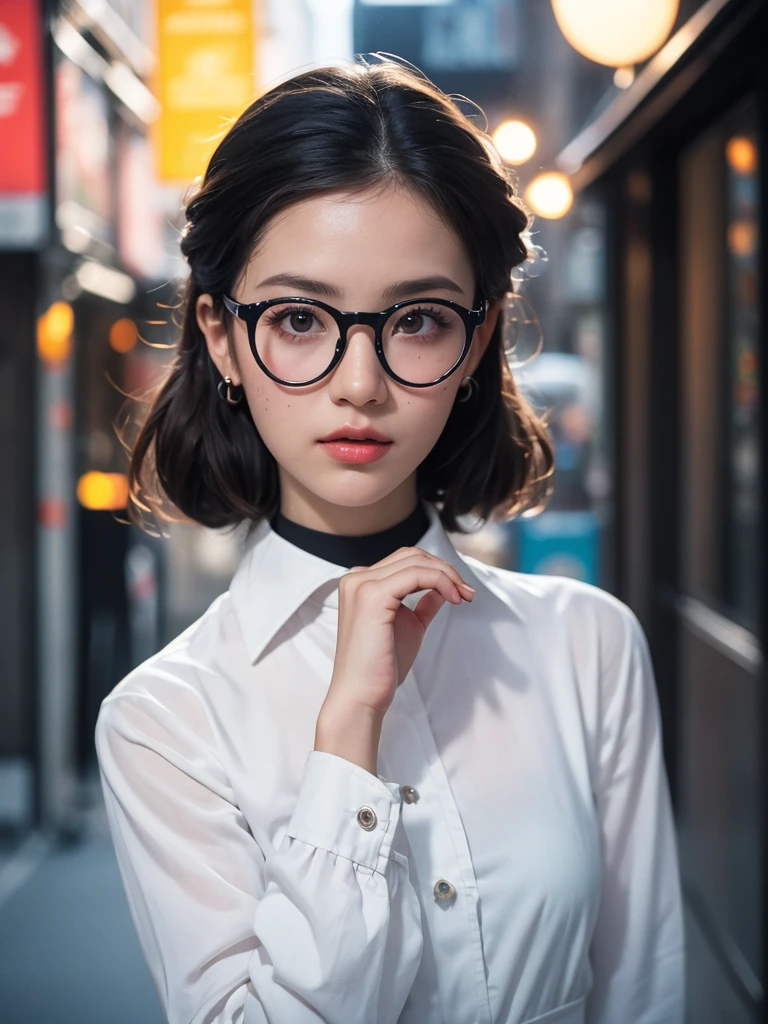 (masterpiece, best quality:1.2), (8k uhd, 16k, 32k, ultra high res), (photorealistic:1.37), (RAW photo), ultimate-realistic, ultimate-realistic details, ultimate-realistic texture, ultimate-intricate details, ultimate-realistic lighting, ultimate-realistic shadow, japanese girl, 24yo, ultimate-cute face, ultimate-RAW skin, ultimate-eyes, A glass woman, , egirl, cosplay, 16yo, (Vge hairstyle | Victory Rolls), butterfly gls, big lips, round_eyewear, solo, pride, upper_body, (looking at the viewer:1.1), orange_background, realistic, pink long-sleeved secretary blouse with high collar, 80s-style glasses, chin lifted, backlight silhouette_lighting, ,standing on dark street in a middle of a modern night city view, a blue neon light from building around it, a full moon in the sky, energy aura emerge in the air, film grain, Hasselblad X2D 100C + XCD 2,5/25V, F/1.8, (cinematic still:1.2), freckles, 35mm photograph, film, bokeh, professional, 4k, highly detailed, perfect fingers ,Extremely Realistic, UHD,