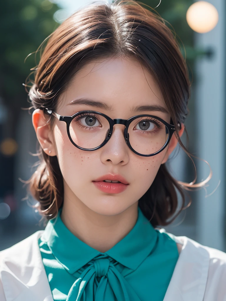 (masterpiece, best quality:1.2), (8k uhd, 16k, 32k, ultra high res), (photorealistic:1.37), (RAW photo), ultimate-realistic, ultimate-realistic details, ultimate-realistic texture, ultimate-intricate details, ultimate-realistic lighting, ultimate-realistic shadow, japanese girl, 24yo, ultimate-cute face, ultimate-RAW skin, ultimate-eyes, A glass woman, ager, egirl, cosplay, 16yointage hairstyle | Victory Rolls), butterfly glasses, big lips, round_eyewear, solo, pride, upper_body, (looking at the viewer:1.1), orange_background, realistic, pink long-sleeved secretary blouse with high collar, 80s-style glasses, chin lifted, backlight silhouette_lighting, ,standing on dark street in a middle of a modern night city view, a blue neon light from building around it, a full moon in the sky, energy aura emerge in the air, film grain, Hasselblad X2D 100C + XCD 2,5/25V, F/1.8, (cinematic still:1.2), freckles, 35mm photograph, film, bokeh, professional, 4k, highly detailed, perfect fingers ,Extremely Realistic, UHD,