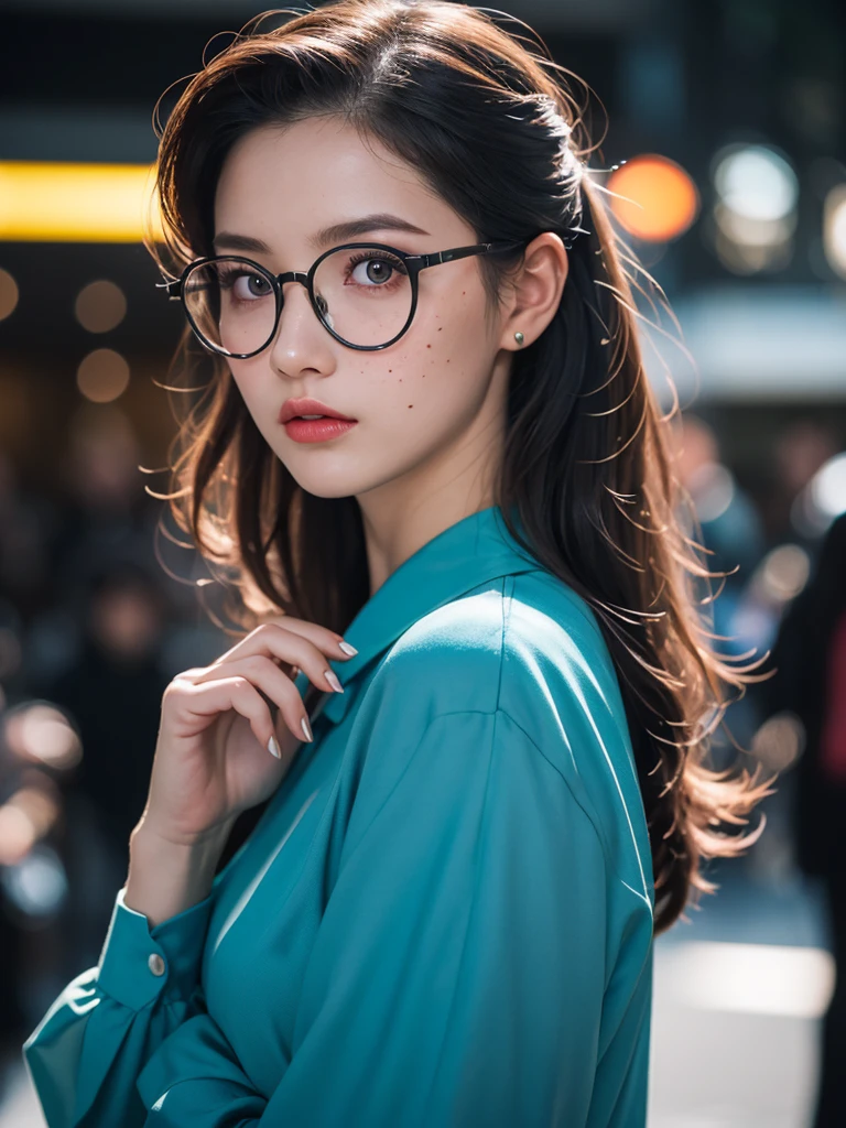 (masterpiece, best quality:1.2), (8k uhd, 16k, 32k, ultra high res), (photorealistic:1.37), (RAW photo), ultimate-realistic, ultimate-realistic details, ultimate-realistic texture, ultimate-intricate details, ultimate-realistic lighting, ultimate-realistic shadow, japanese girl, 24yo, ultimate-cute face, ultimate-RAW skin, ultimate-eyes, A glass woman, ager, egirl, cosplay, 16yointage hairstyle | Victory Rolls), butterfly glasses, big lips, round_eyewear, solo, pride, upper_body, (looking at the viewer:1.1), orange_background, realistic, pink long-sleeved secretary blouse with high collar, 80s-style glasses, chin lifted, backlight silhouette_lighting, ,standing on dark street in a middle of a modern night city view, a blue neon light from building around it, a full moon in the sky, energy aura emerge in the air, film grain, Hasselblad X2D 100C + XCD 2,5/25V, F/1.8, (cinematic still:1.2), freckles, 35mm photograph, film, bokeh, professional, 4k, highly detailed, perfect fingers ,Extremely Realistic, UHD,