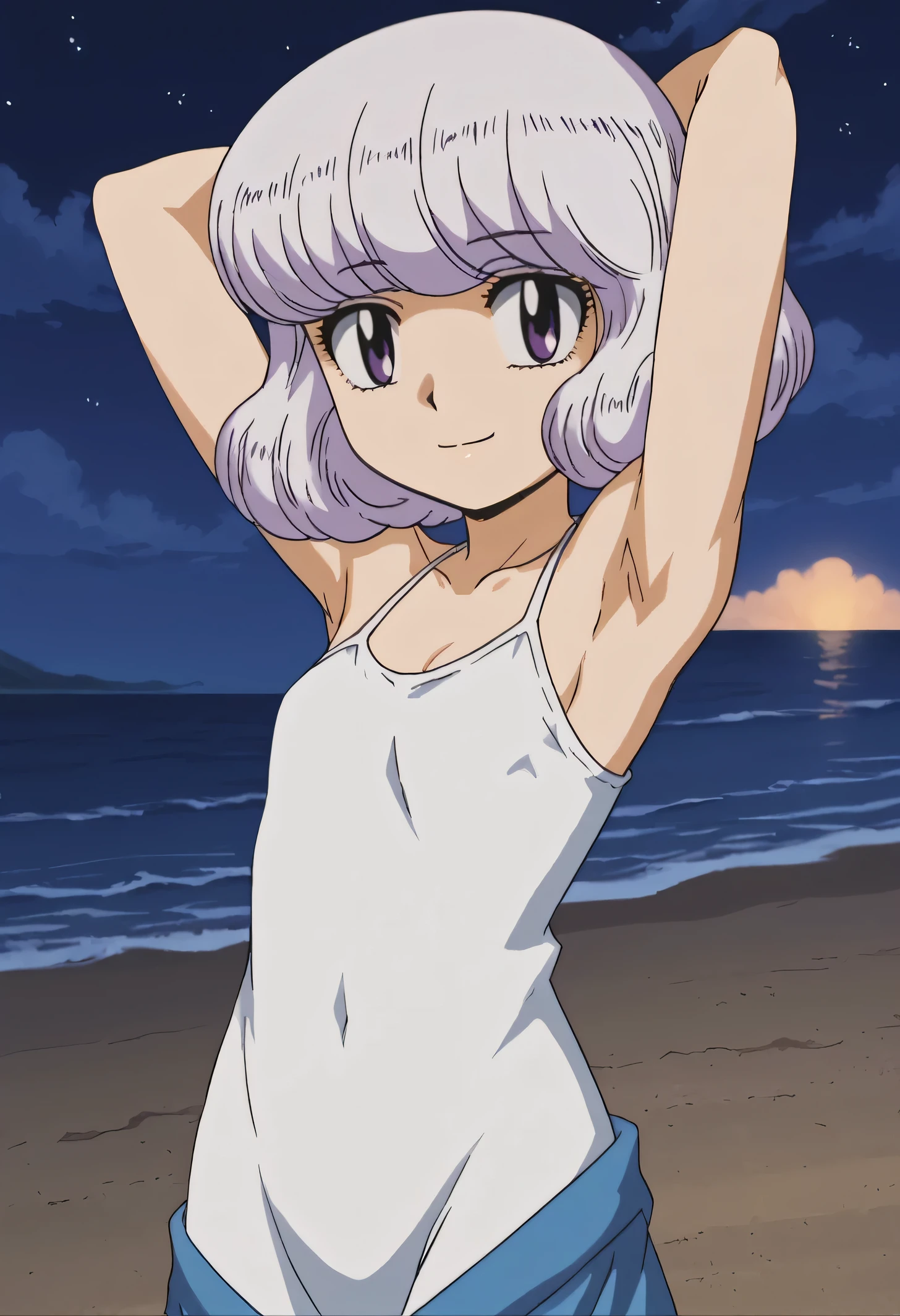 anime screencap, flat shadows BREAK shiho sannomiya, looking at viewer, closed mouth, solo, night sky, beach, arms behind head, contrapposto, spread armpits, looking at viewer, best quality,  smile, (cowboy shot:1.5)