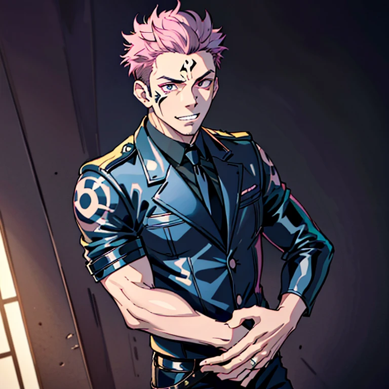 (masterpiece, best quality: 1.2), Solo, male focus, 1boy, sukuna, tattoo_On_his_face, male, full bodyesbian, Black leather greaser jacket, Black leather tie, leather gloves, A pink-haired, cow boy shot, 8K, super detailing, hands in a pocket, tight suit, inside the house,