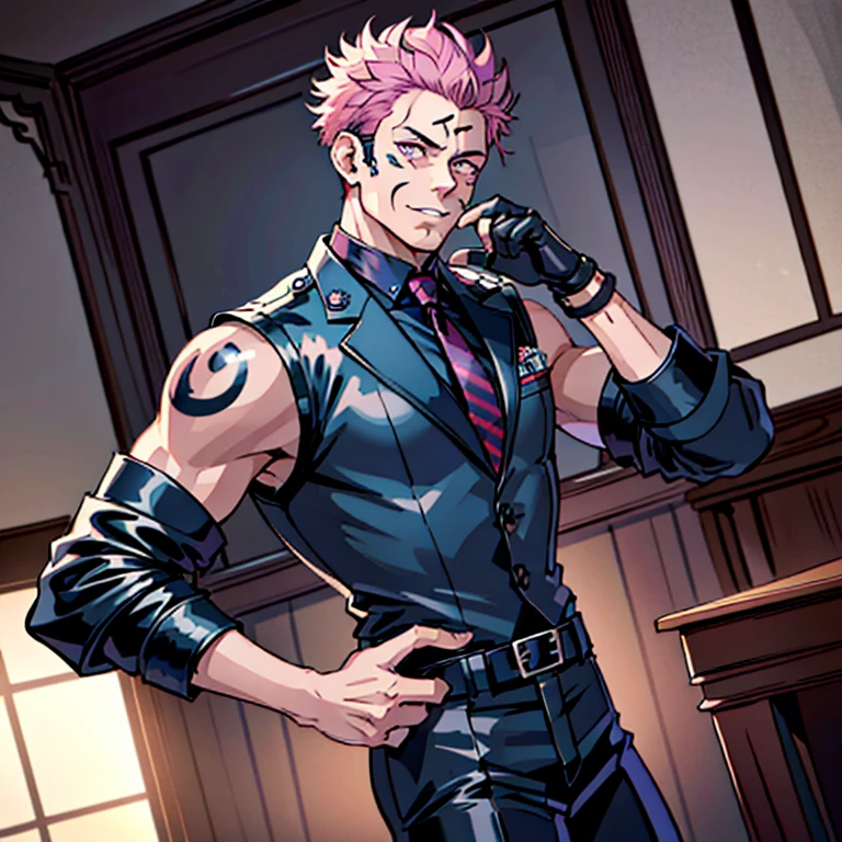 (masterpiece, best quality: 1.2), Solo, male focus, 1boy, sukuna, tattoo_On_his_face, male, full bodyesbian, Black leather greaser jacket, Black leather tie, leather gloves, A pink-haired, cow boy shot, 8K, super detailing, hands in a pocket, tight suit, inside the house，
