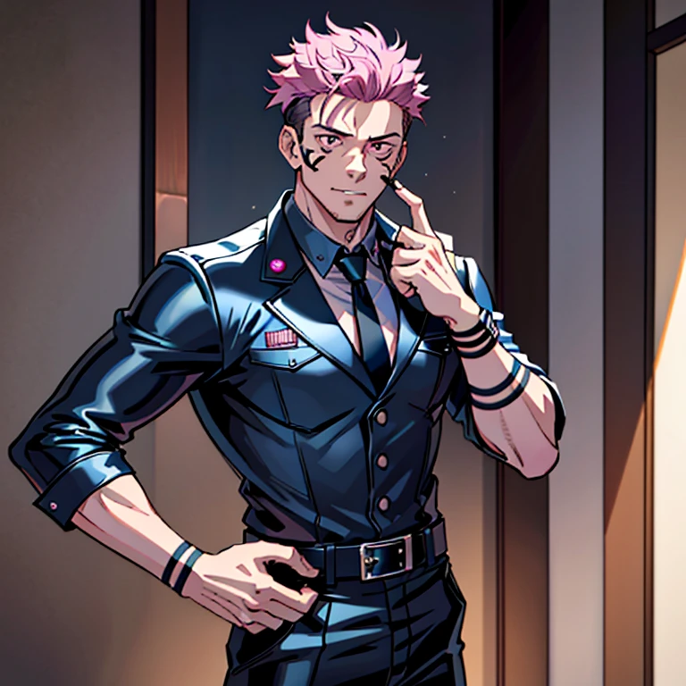 (masterpiece, best quality: 1.2), Solo, male focus, 1boy, sukuna, tattoo_On_his_face, male, full bodyesbian, Black leather greaser jacket, Black leather tie, leather gloves, A pink-haired, cow boy shot, 8K, super detailing, hands in a pocket, tight suit, inside the house，