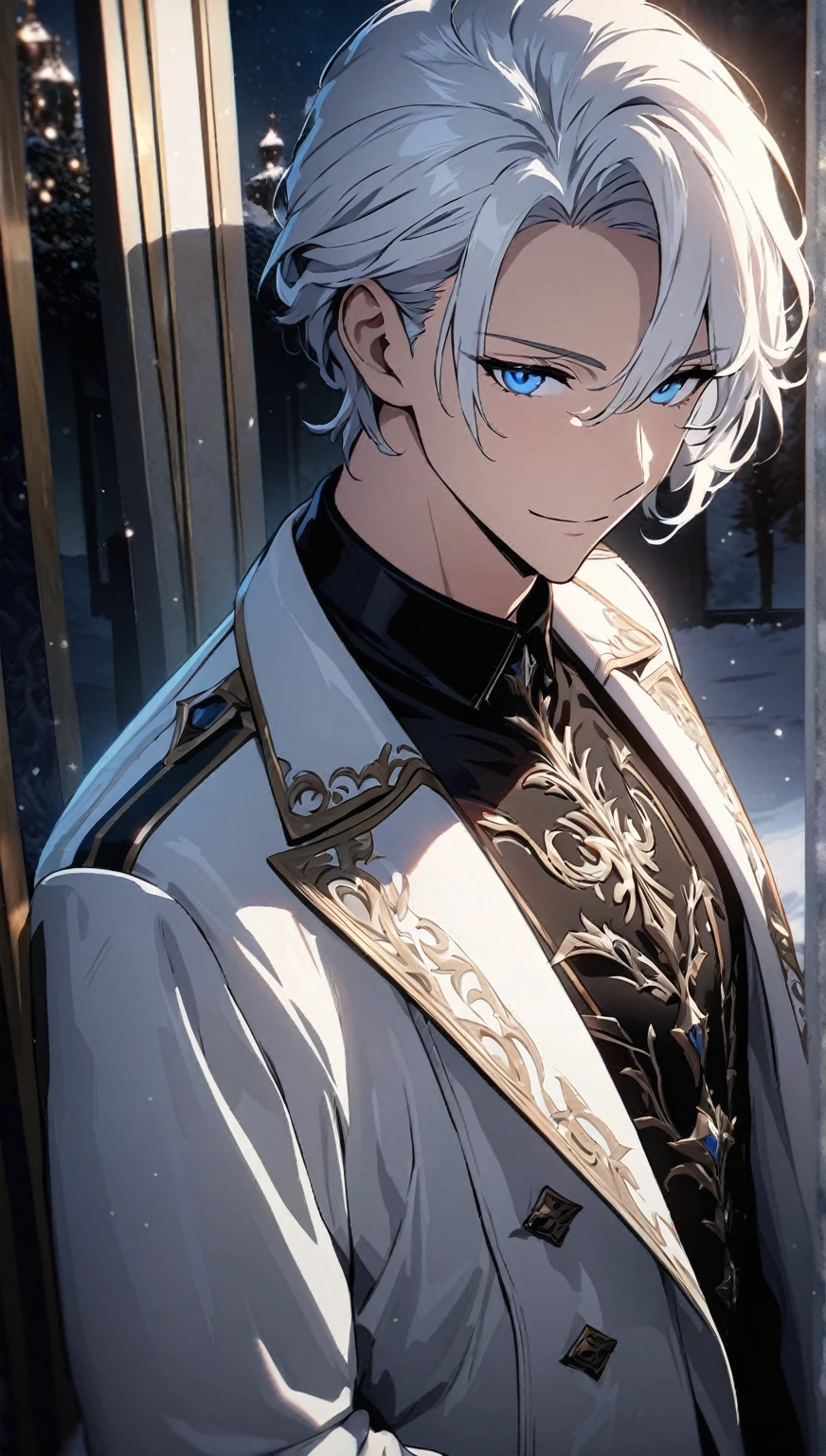 (masterpiece, highest quality), Very detailed, highest quality, Official Art, beautifullyて美しい: 1.2),beautifully，(1. Handsome Man)，Copyright，alone，White shorthair， (blue eyes), (A gentle yet distant smile)，Perfect Face，White trench coat，Black Shirt，Intricate clothing design，expensive，8k，Beautiful contrast of light and shadow，Positive face，Pretty face，Moire Background，Noble，Dark ornamental background，((White flower))，Gorgeous Background，snow，Luxury Suite，Night view