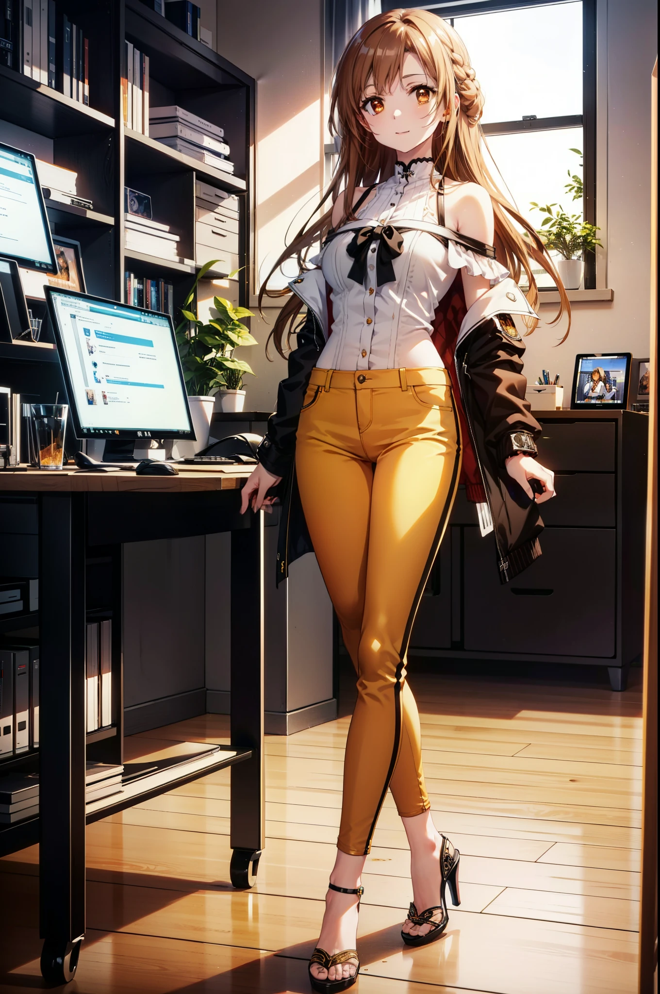 a sun ayuuki, a sun a yuuki, Long Hair, Brown Hair, (Brown eyes:1.8),smile,
Cold shoulder tops,skinny pants,Stiletto heels,Walking,There is a computer on the table,whole bodyがイラストに入るように,
break 8ndoors, オフィス
break looking at viewer, whole body,
break (masterpiece:1.2), highest quality, High resolution, unity 8k wallpaper, (figure:0.8), (Beautiful fine details:1.6), Highly detailed face, Perfect lighting, Highly detailed CG, (Perfect hands, Perfect Anatomy),