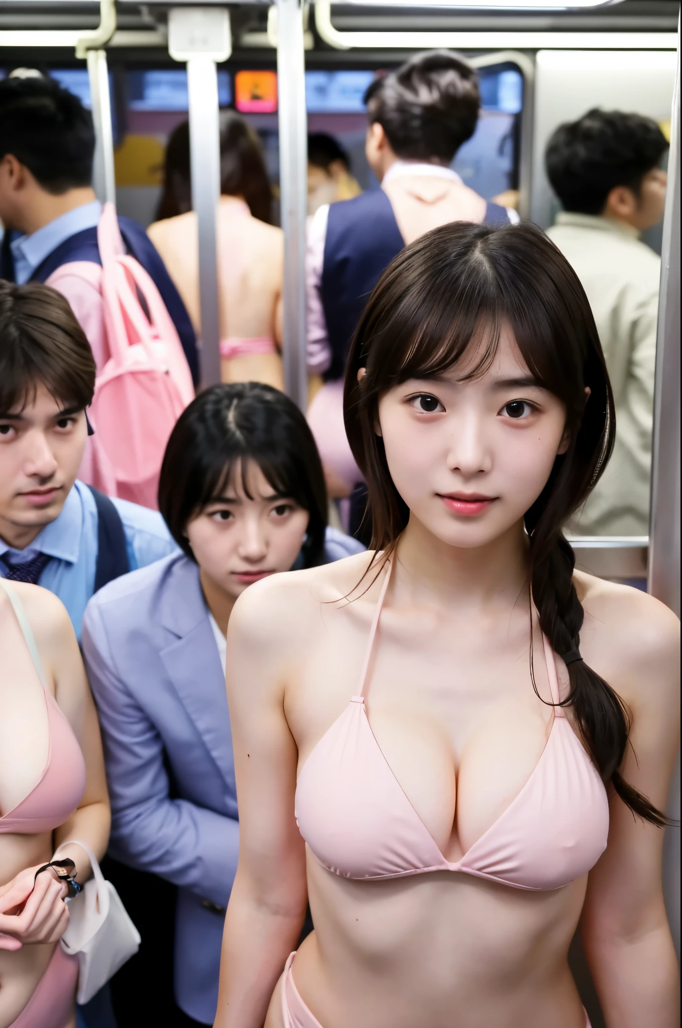 A very cute face like a Japanese idol、18-year-old female、Gentle and cute、((She is wearing a light pink bikini))、night、(A train crowded with male office workers)、(A train crowded with many male office workers)、(Male office workers wear suits)、((whole body))、RAW Photos、Genuine、Like live action、High resolution、Life