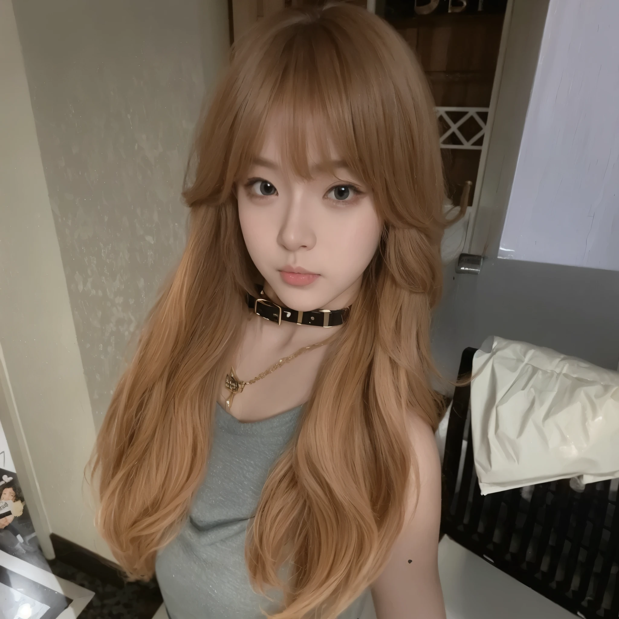 Air bangs long curly hair，Champagne milk tea long curly hair，The background is simple and natural
