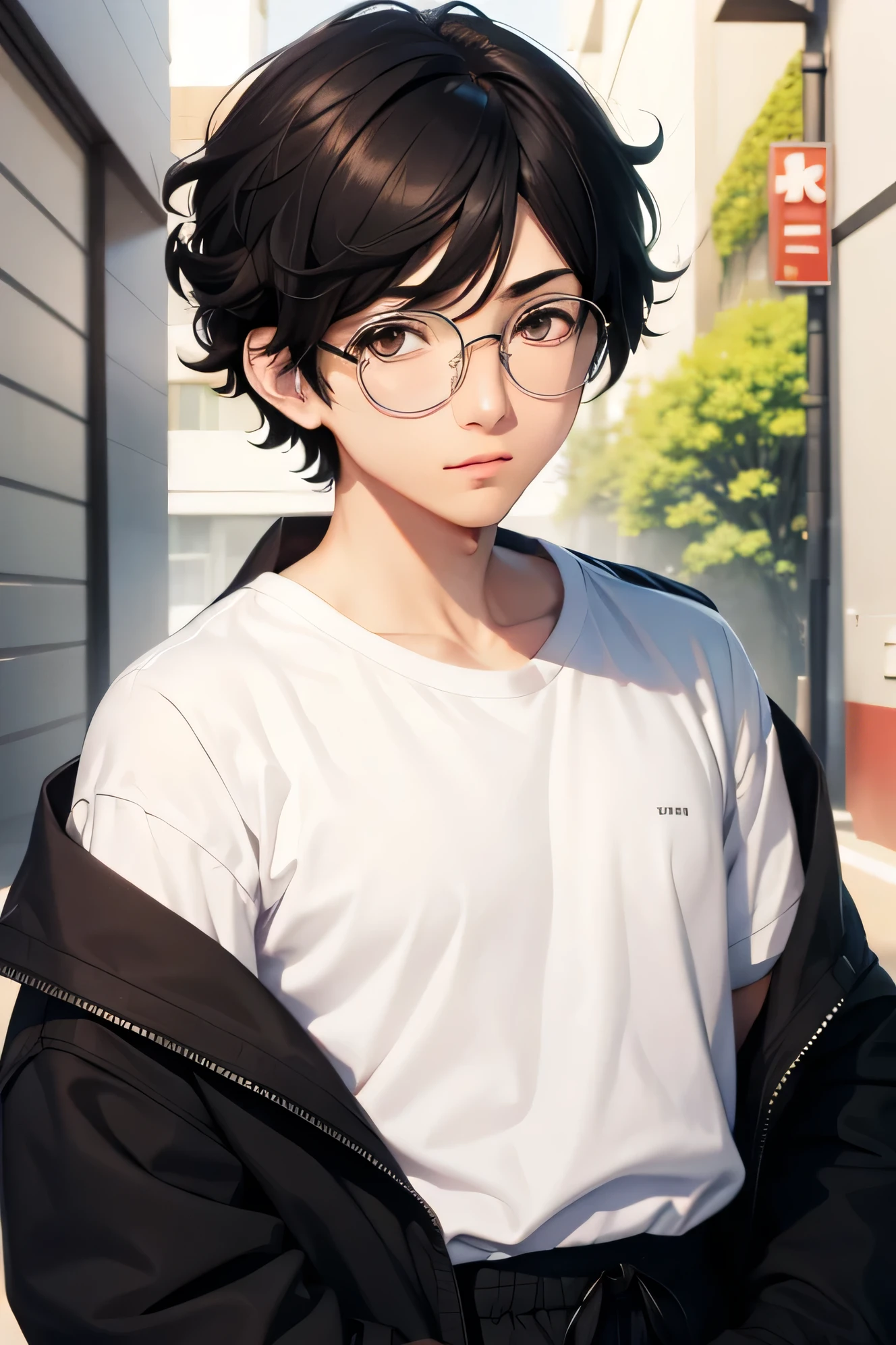 Ren Amamiya Persona,menino anime,casual, jjapanese style, black hair, short hair, curly hair, glasses
