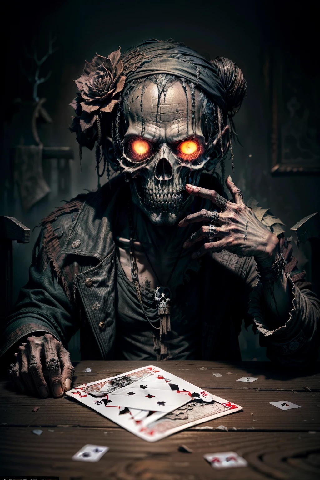 A decaying, bony hand, clad in tattered rags, grips a gruesome playing card adorned with skulls and bones, a chilling symbol of impending destiny, rising from the shadows, obscure and ominous.