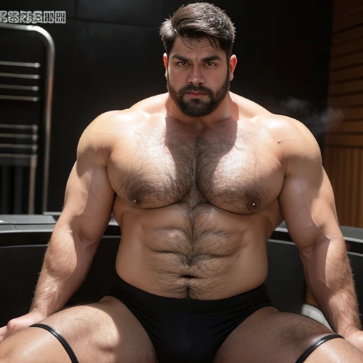 Hulk muscular uncle,nice,big breasts slightly fat,Short beard,Thick eyebrows,Brush Cut,Have chest muscles,Black tights,sheer socks,Showing off chest muscles,Chest hair on the pectoral muscles,Lift your thighs,Buttocks forward,Exposed pedals,Lying in the steam room,Sweat all over the body,Very shy expression