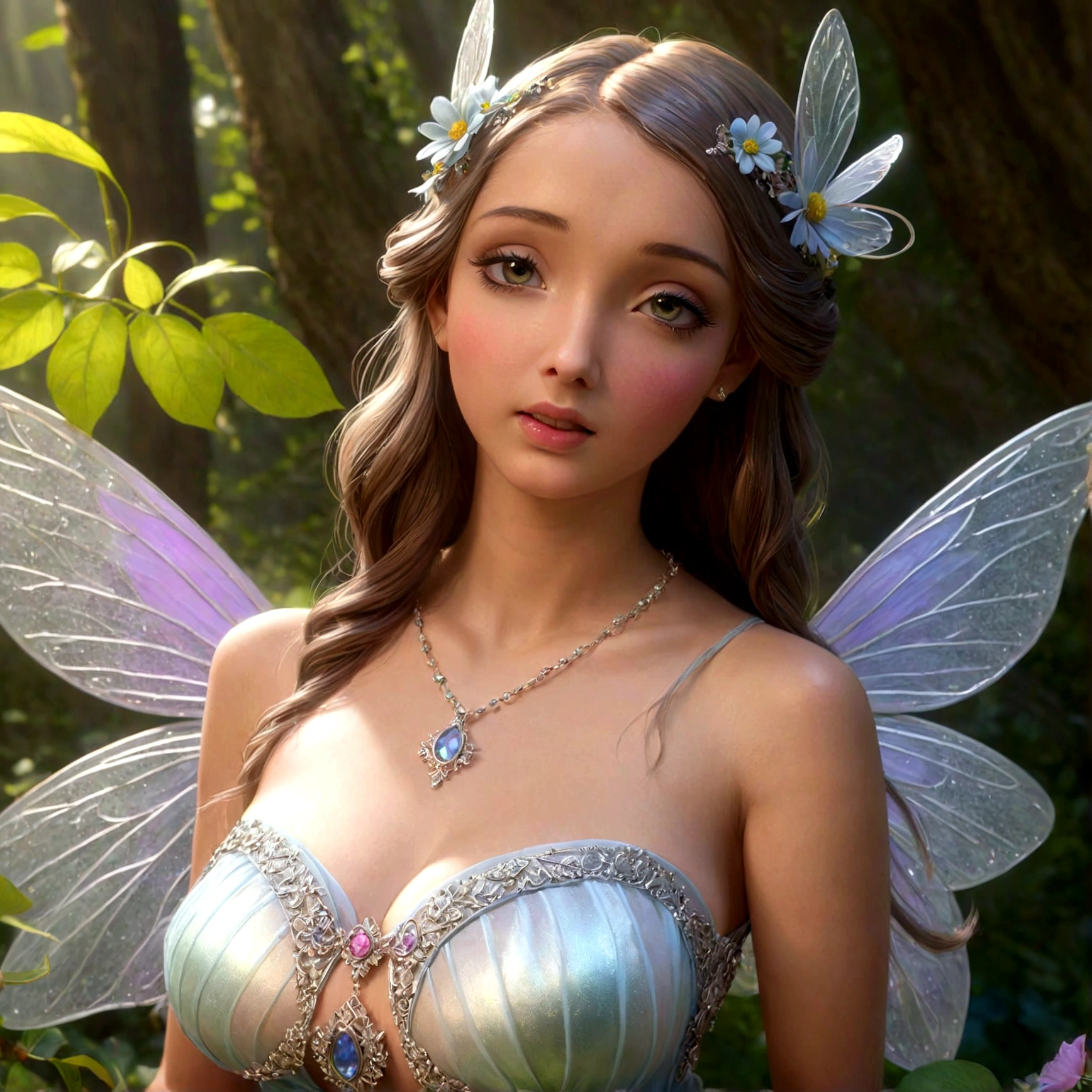 a lovely woman, fairy princess, chromatic wings, sheer dress, ornate flower themed jewelry, mythic glade, pure, innocent, sultry, mesmerizing, (best quality,4k,8k,highres,masterpiece:1.2),ultra-detailed,(realistic,photorealistic,photo-realistic:1.37),cinematic lighting, dramatic colors, fantasy art, cinematic composition, dramatic lighting, ethereal, magical realism