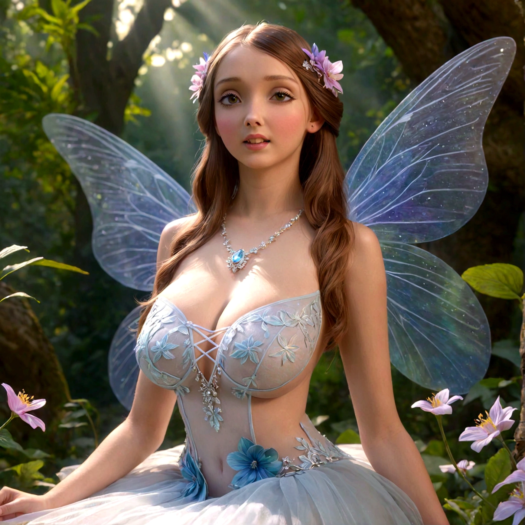 a lovely woman, fairy princess, chromatic wings, sheer dress, ornate flower themed jewelry, mythic glade, pure, innocent, sultry, mesmerizing, (best quality,4k,8k,highres,masterpiece:1.2),ultra-detailed,(realistic,photorealistic,photo-realistic:1.37),cinematic lighting, dramatic colors, fantasy art, cinematic composition, dramatic lighting, ethereal, magical realism
