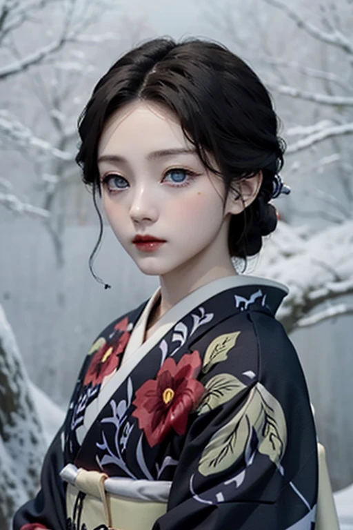 Elegant black kimono、Red lips、絶世のBeauty、Dark blue eyes、Beauty、Sad face、Pure white skin