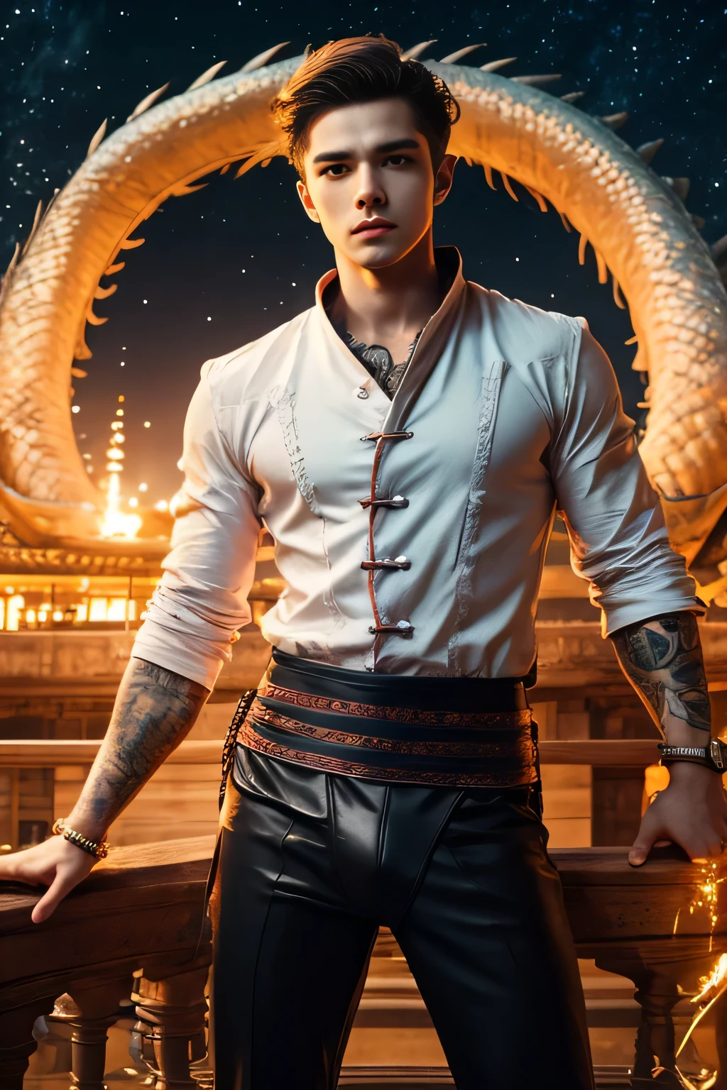 handsome young man, 25 years old, Asia, expert'your work, Best picture quality, higher quality, Highly detailed, Ultra high resolution, 8k resolution, delicate facial features, boy, Big muscles, tattoo, glowing eyes, short hair, hair details, [[turn away, look to the side, Focus on homosexuality and pay attention to every detail.. , Open Hanfu Sheer Gauze Jacket, White rubber pants, at night, starry sky, flying flowers. waterfall, mountain, dragon circle, Chinese patio background (((((Convex ??????)))))