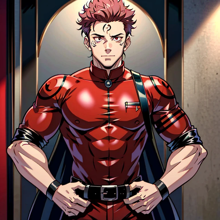 (masterpiece, best quality: 1.2), Solo, male focus, 1boy, sukuna, tattoo_On_his_face, male, full bodyesbian, Red leather greaser jacket, Red leather tie, Black leather gloves, Bulging muscles, A pink-haired, cow boy shot, 8K, super detailing, hands in a pocket, tight suit, inside the house，