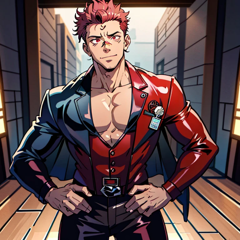 (masterpiece, best quality: 1.2), Solo, male focus, 1boy, sukuna, tattoo_On_his_face, male, full bodyesbian, Red leather greaser jacket, Red leather tie, Black leather gloves, Bulging muscles, A pink-haired, cow boy shot, 8K, super detailing, hands in a pocket, tight suit, inside the house，