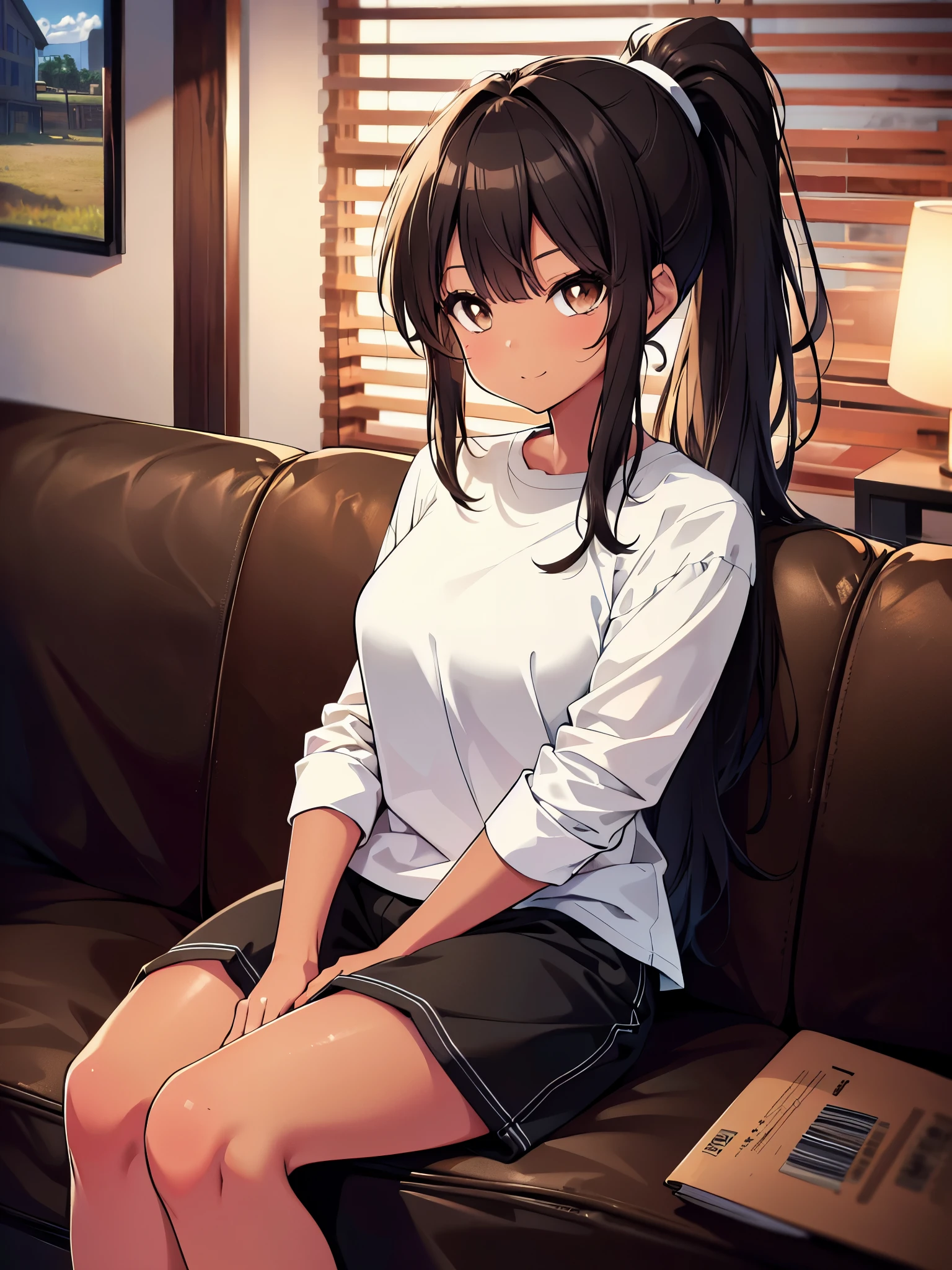 (cowboy shot), (ultra-high resolution, depth of field:1.2), 1woman, medium breasts, (tan skin:1.4), brown eyes, (long straight black hair), ponytail, bangs, casual shirt, casual clothes, gentle smile, living room scenery, sitting on a coach