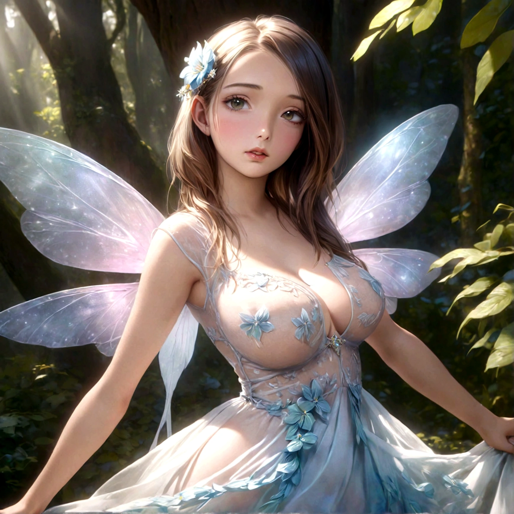 a lovely woman, fairy princess, chromatic wings, sheer dress, ornate flower themed jewelry, mythic glade, pure, innocent, sultry, mesmerizing, (best quality,4k,8k,highres,masterpiece:1.2),ultra-detailed,(realistic,photorealistic,photo-realistic:1.37),cinematic lighting, dramatic colors, fantasy art, cinematic composition, dramatic lighting, ethereal, magical realism
