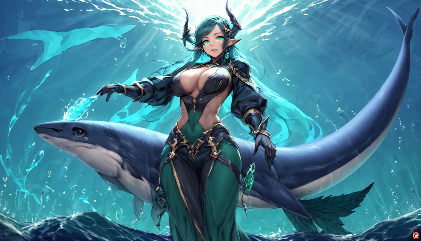 best quality,4k,8k, highres, masterpiece:1.2), ultra-detailed, extremely detailed eyes, extremely detailed body, the average Levianthar woman is a striking and formidable figure, standing tall at around 6 to 7 feet with a lean, muscular build that showcases her strength and agility. Her skin is smooth and slightly iridescent, with a bluish or grayish tint that shimmers under light, reflecting her aquatic heritage. She possesses long, flowing hair that ranges in color from deep seaweed green to midnight blue, often adorned with small, bioluminescent beads or shells. Her large, expressive eyes are adapted for both underwater and terrestrial vision, featuring hues of deep blue or emerald, green, and often possessing a subtle, ethereal glow. High cheekbones and slightly elongated ears add to her otherworldly beauty, while gill-like structures along her neck hint at her ability to thrive in the ocean depths. Her fingers and toes are slightly webbed, enhancing her swimming abilities, and a thick, powerful tail reminiscent of a shark's extends from her lower back, aiding in swift underwater movement. Her overall appearance exudes an aura of strength, grace, and mystery, embodying the unique blend of aquatic and humanoid features that define the Levianthar race, dynamic lighting, cinematic lighting, dramatic atmosphere,