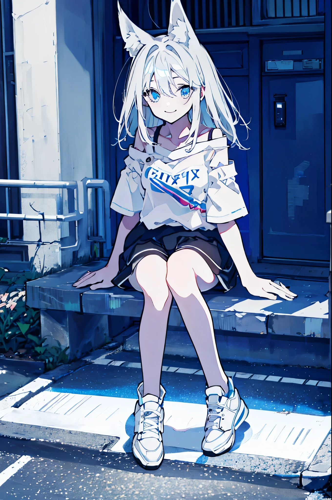 Girl, blue eyes, fox ears, long white hair, smiling, crooked teeth, sitting, short sleeves, white off-the-shoulder dress, black shorts, sneakers, urban, modern