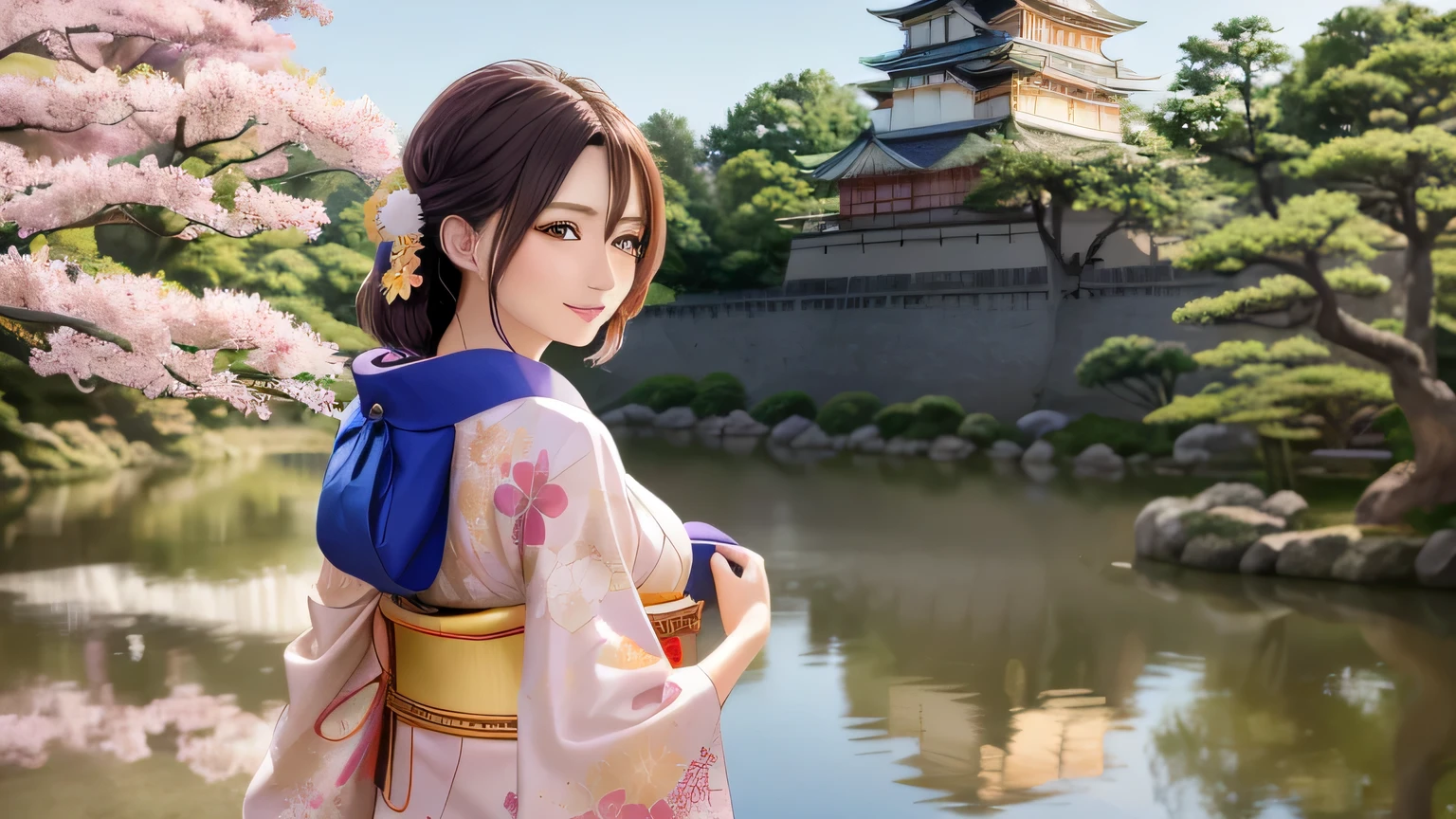 One girl, Beautiful woman looking back, Japanese Castle(Osaka Castle)、summer、Anime girl in kimono looking at a castle, Anime Style 4k, Beautiful anime art style, Beautiful anime artwork, Anime-style illustrations, anime art wallpaper 4k, Beautiful anime portrait, Person is the whole 1/Size 7 and below、beautiful girl、blush、Iris、Black Hair、