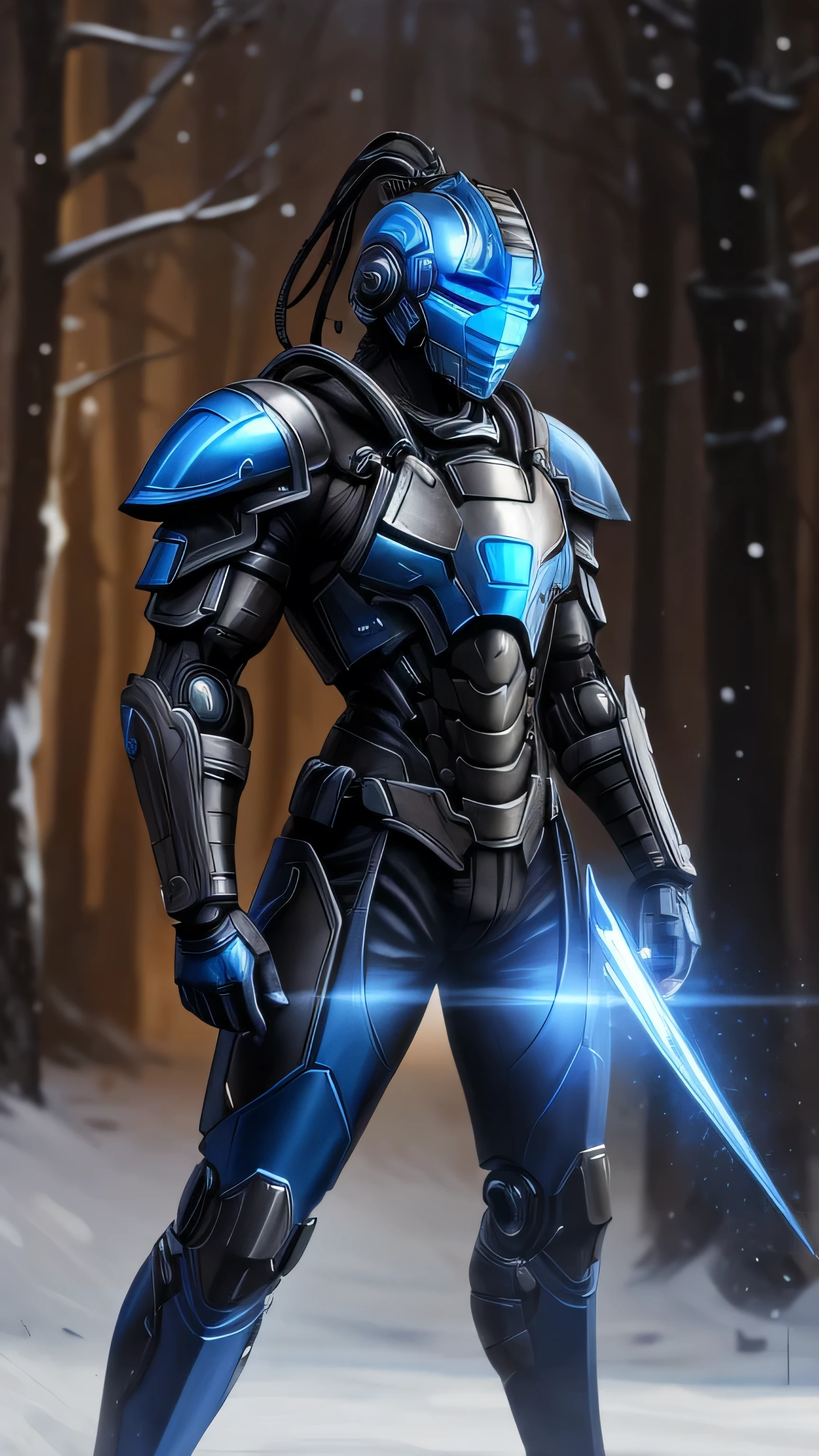 Sub-Zero from Mortal Kombat, zxcrx, cyborg ninja, sleek (blue and black armor:1.5), various robotic components, his face is covered by a helmet with a glowing ligh blue visor, ice blades, cold, ice, snow, winter, 1man, solo, full body view, front view, looking at viewer, intricate, high detail, sharp focus, dramatic, photorealistic painting art by greg rutkowski