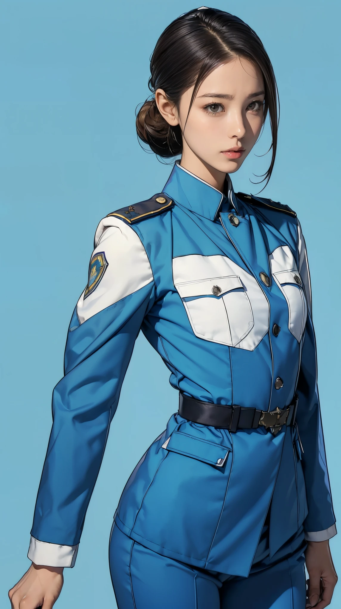 ((masterpiece)),(((highest quality))),((Reference Sheet, Character Design, front, return, ~ ~ side, Mr..々Hairstyle, Mr..々Performance, Facial Expressions)), 14-year-old girl, Cute type, (Very slim:1.4), (Very small ass:1.4), Realistic buttocks, Medium milk, Short Bob, Thin thighs, Long legs, It's not a big deal,(A female Earth Federation officer is walking), (Wearing Earth Federation military uniform, White and light blue military uniform),(Worn by federal government employees'White Hat:1.5)