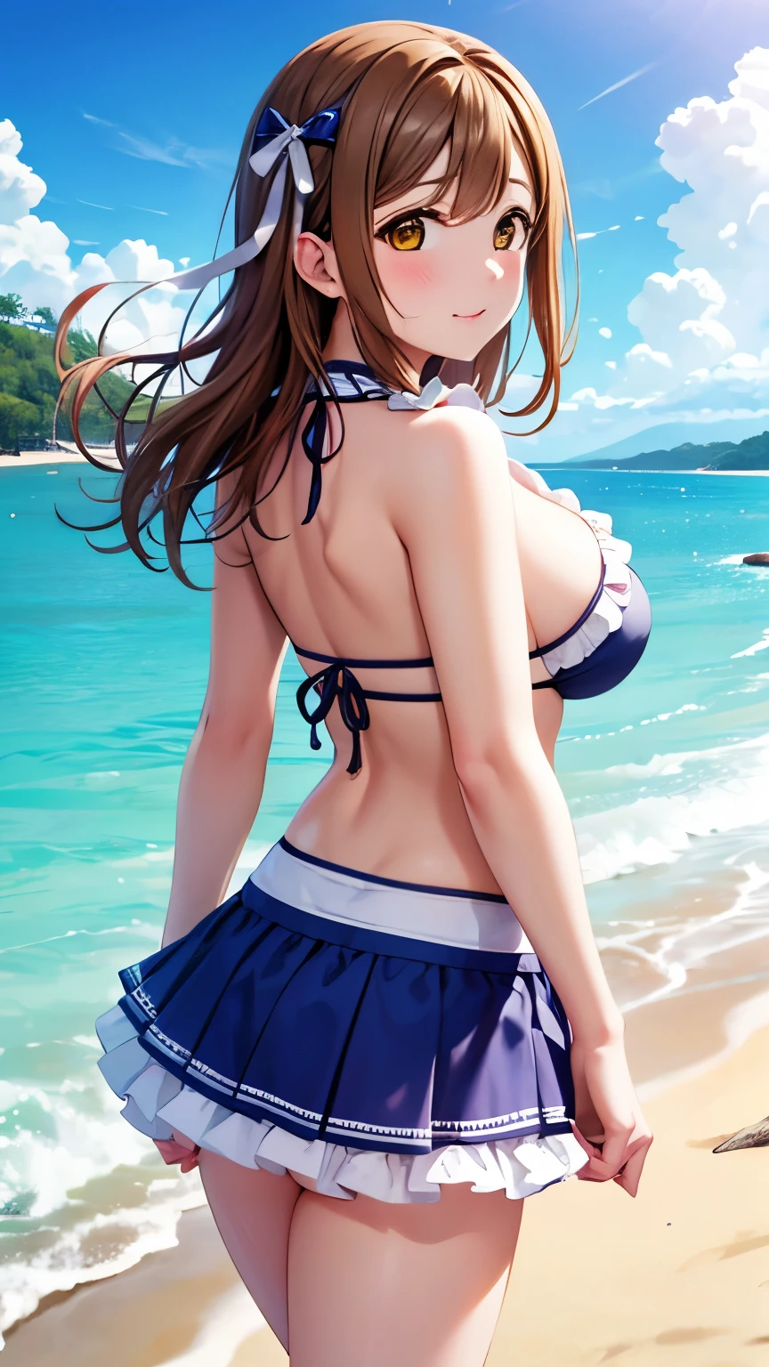 masterpiece, best quality, cowboy shot, kunikida hanamaru, big breasts, frilly bikini with microskirt, looking back at viewer, beach, blush