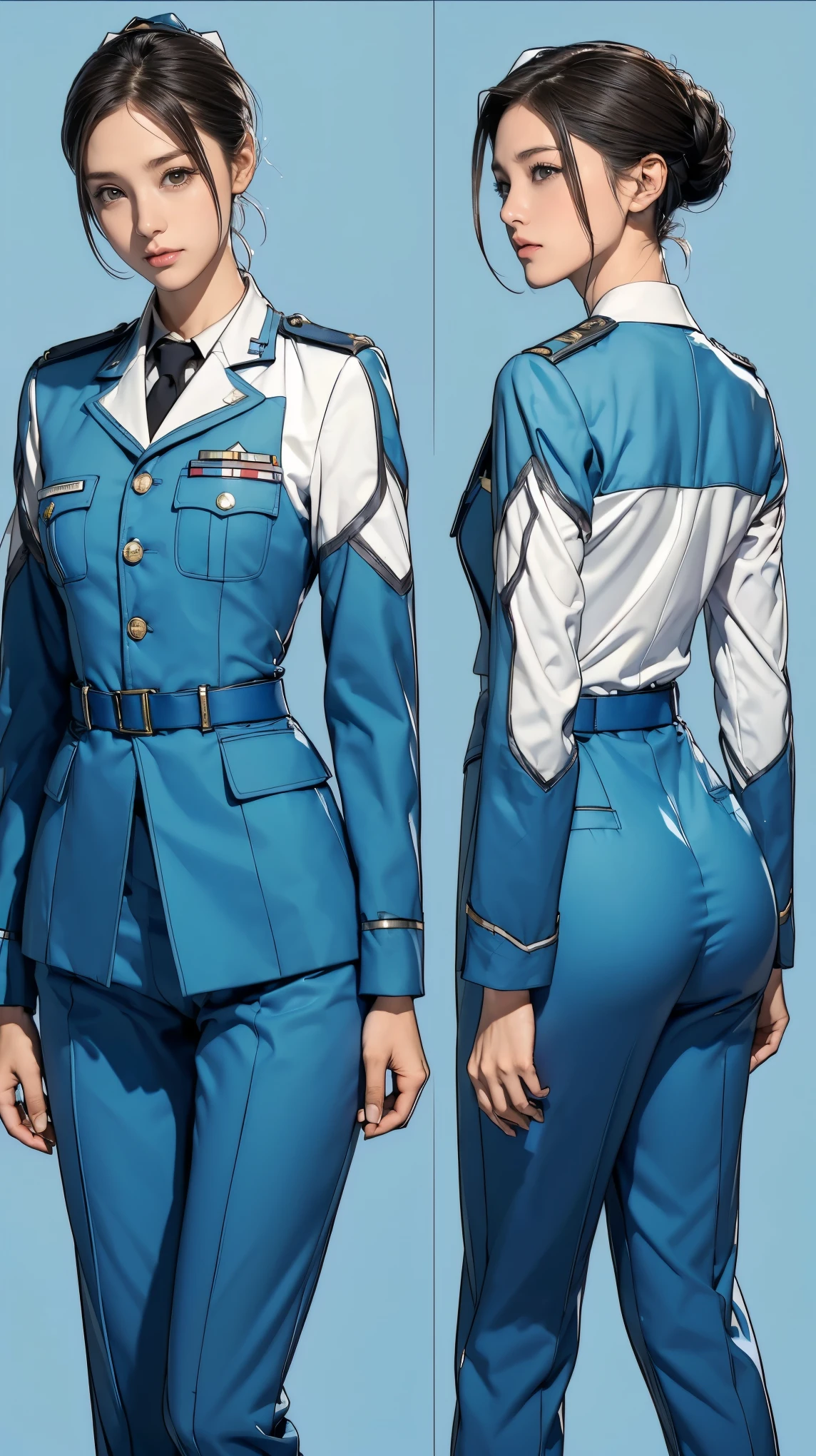 ((masterpiece)),(((highest quality))),((Reference Sheet, Character Design, front, return, ~ ~ side, Mr..々Hairstyle, Mr..々Performance, Facial Expressions)), -yeld gi Cute type, (Very slim:1.4), (Very small ass:1.4), Realistic buttocks, Medium milk, Short Bob, Thin thighs, Long legs, It's not a big deal,(A female Earth Federation officer is walking), (Wearing Earth Federation military uniform, White and light blue military uniform),(Worn by federal government employees&#39;White Hat:1.5)