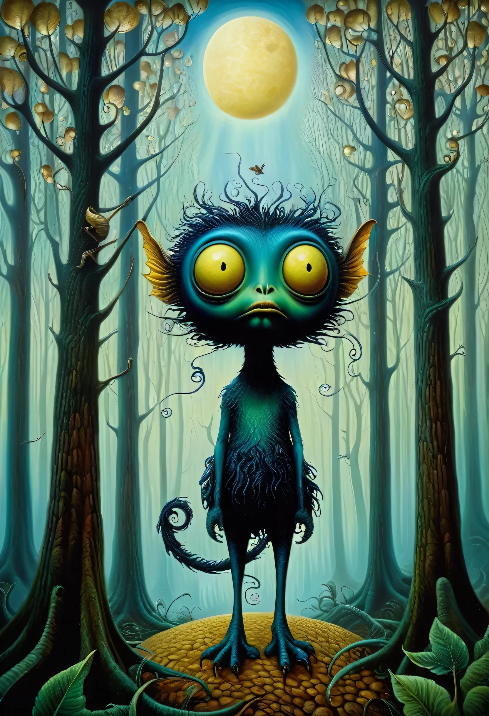 Forest monster, benjamin lacombe, magical surrealism, Unrealistic picture, Whimsical Surrealism, Jacek Jelka、Vladimir Kush, Surreal oil painting, Surrealist artwork, Surreal Art, magical realism、Strange art, Surreal oil painting,  Brian DeSpain, Surrealist illustration, (surrealism dark art:1.2), surrealismo pop lowbrow art style, Arte Lowbrow, Masterpiece、Starry Night、