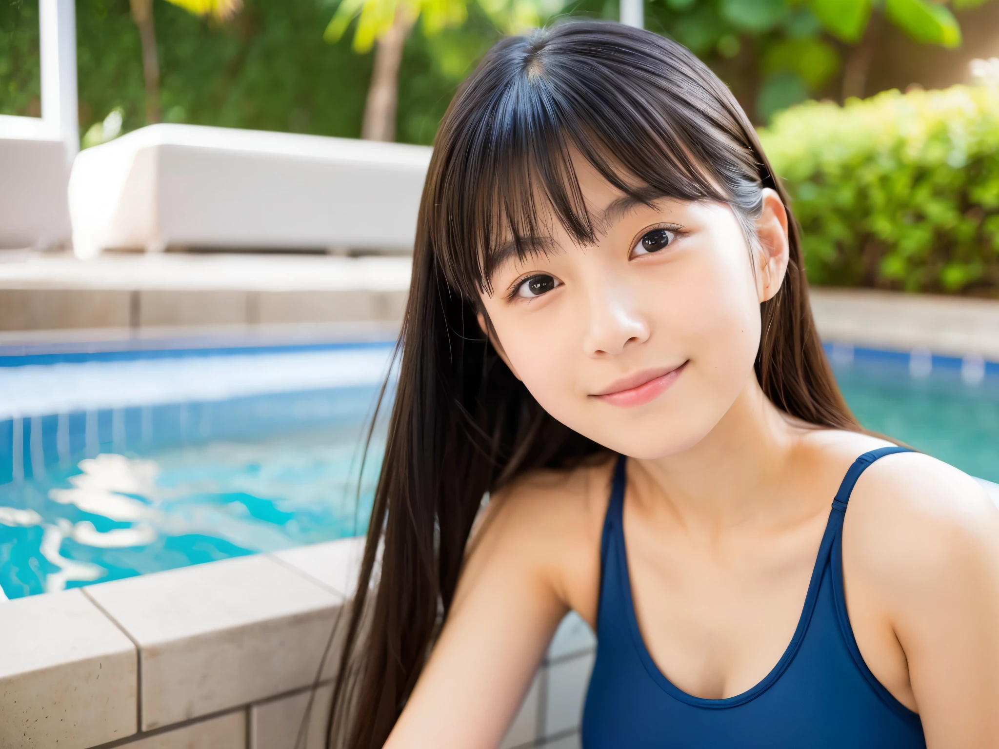 Best Quality, hight resolution, photos realistic, Detailed skin texture, Cute Girl, ((Naked)), flat chest, 12year old, Shy, Facing the camera, slim figure, Charming gaze, japanaese girl, Fair skin, zora々appearance, Long hair, Round face, Young Face,　、Ball bokeh background、swimming pools、Portrait、