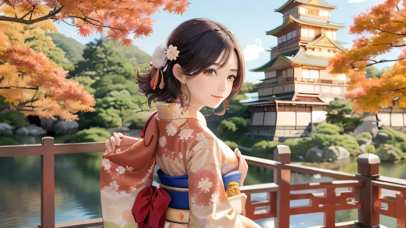 One girl, Beautiful woman looking back, Japanese Castle（Osaka Castle）、autumn leaves、autumn、Anime girl in kimono looking at a castle, Anime Style 4k, Beautiful anime art style, Beautiful anime artwork, Anime-style illustrations, anime art wallpaper 4k, Beautiful anime portrait,　Person is the whole 1/Size 7 and below、beautiful girl、blush、Iris、Black Hair、