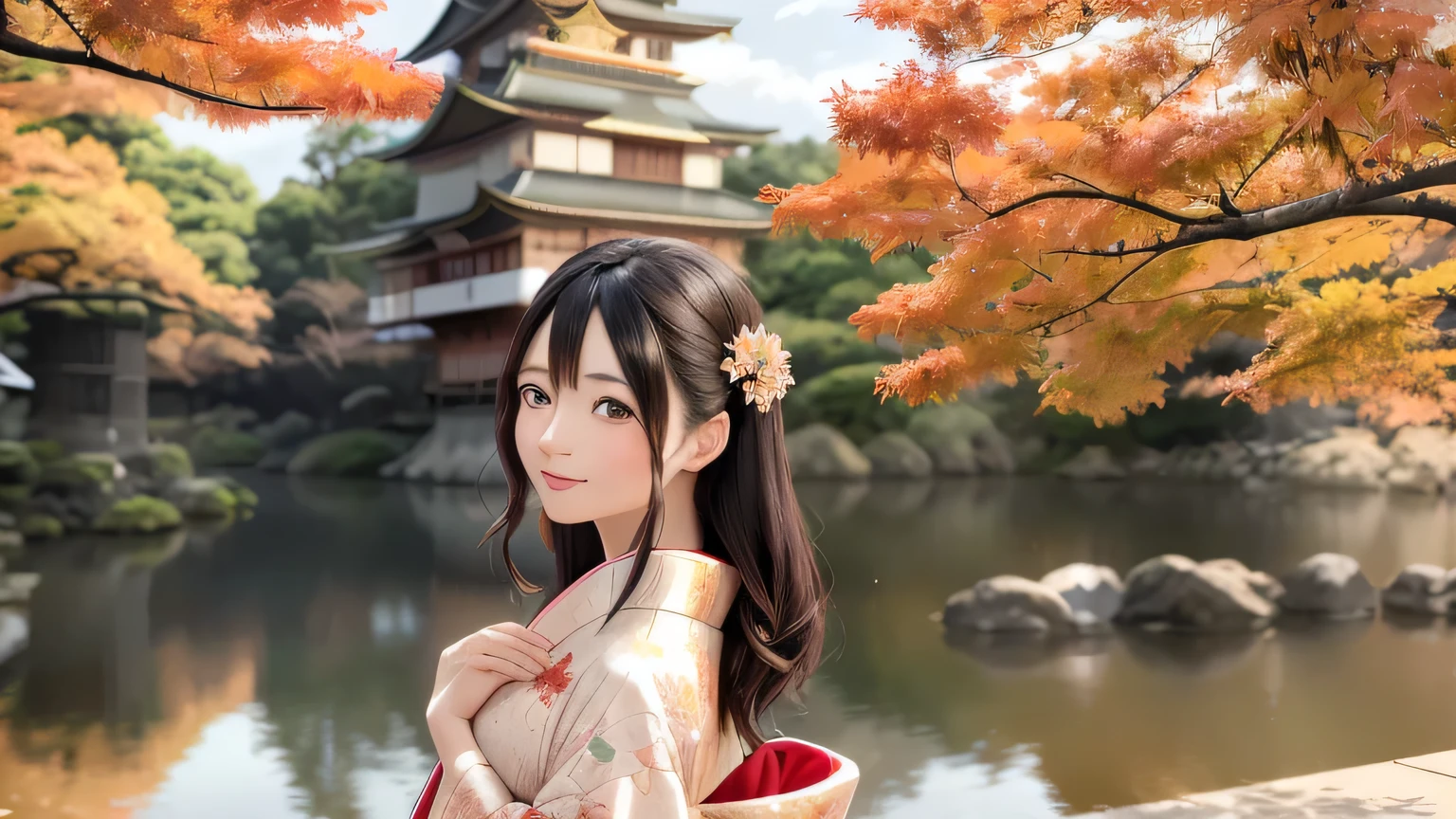 One girl, Beautiful woman looking back, Japanese Castle(Osaka Castle)、autumn leaves、autumn、Anime girl in kimono looking at a castle, Anime Style 4k, Beautiful anime art style, Beautiful anime artwork, Anime-style illustrations, anime art wallpaper 4k, Beautiful anime portrait, Person is the whole 1/Size 7 and below、beautiful girl、blush、Iris、Black Hair、