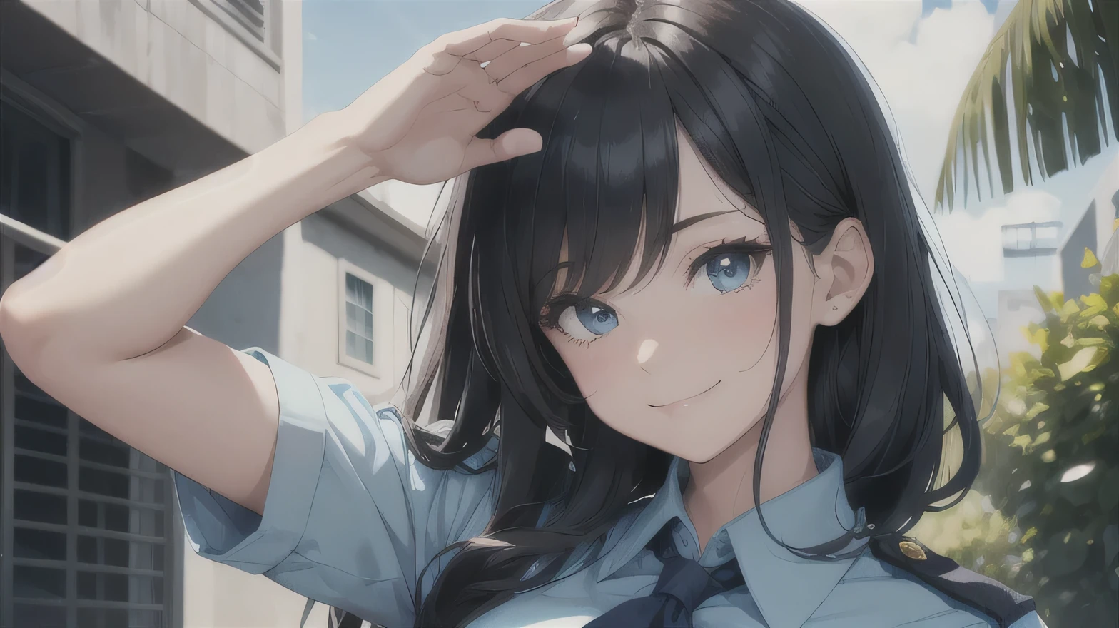 High resolution, highest quality, Super detailed,masterpiece,One girl,Police Officer,Light blue dress shirt,Summer clothes,Dark blue uniform,salute,smile,Black Hair