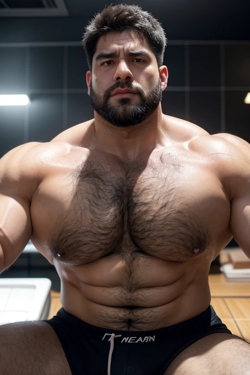 Hulk muscular uncle，big breasts slightly fat，Short beard，Thick eyebrows，Brush Cut，Have chest muscles，black，The crotch is long，Extra long，Armpit Hair，black小腿，Showing off chest muscles，Chest hair on the pectoral muscles，Leg lift，Buttocks forward，Exposed pedals，Lying in the steam room，Sweat all over the body，Very shy expression