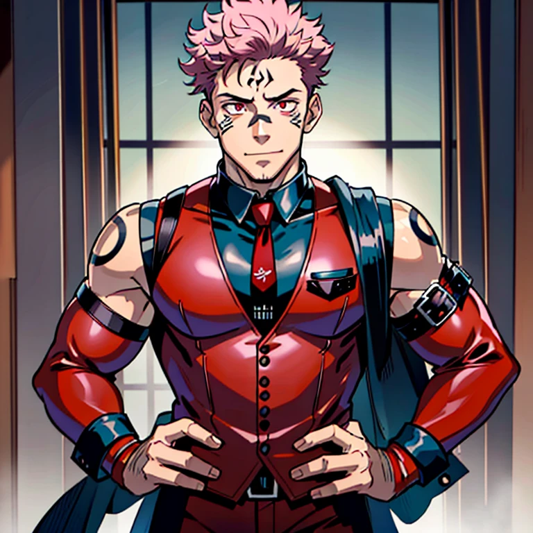 (masterpiece, best quality: 1.2), Solo, male focus, 1boy, sukuna, tattoo_On_his_face, male, full bodyesbian, Red leather jacket, Black leather tie, leather gloves, Bulging muscles, A pink-haired, cow boy shot, 8K, super detailing, hands in a pocket, tight suit, inside the house,