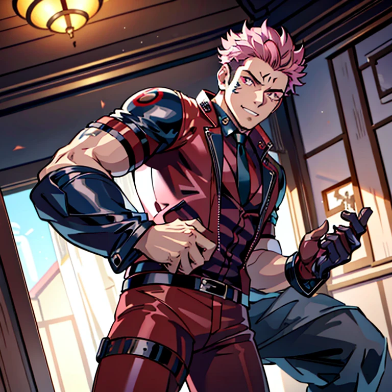 (masterpiece, best quality: 1.2), Solo, nsfw, male focus, 1boy, sukuna, tattoo_On_his_face, male, full bodyesbian, Red Leather jacket, Black Leather shirt, Leather pants, red Leather waistcoat, red Leather tie, Leather Gloves, Bulging muscles, A pink-haired, cow boy shot, 8K, super detailing, hands on penis, large erect penis over 10 inches length and 3 inches width, tight leather suit, inside the house,