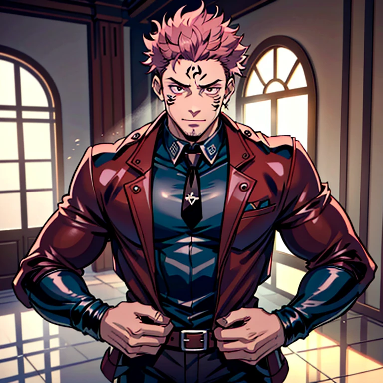 (masterpiece, best quality: 1.2), Solo, male focus, 1boy, sukuna, tattoo_On_his_face, male, full bodyesbian, Red leather jacket, Black leather tie, leather gloves, Bulging muscles, A pink-haired, cow boy shot, 8K, super detailing, hands in a pocket, tight suit, inside the house,