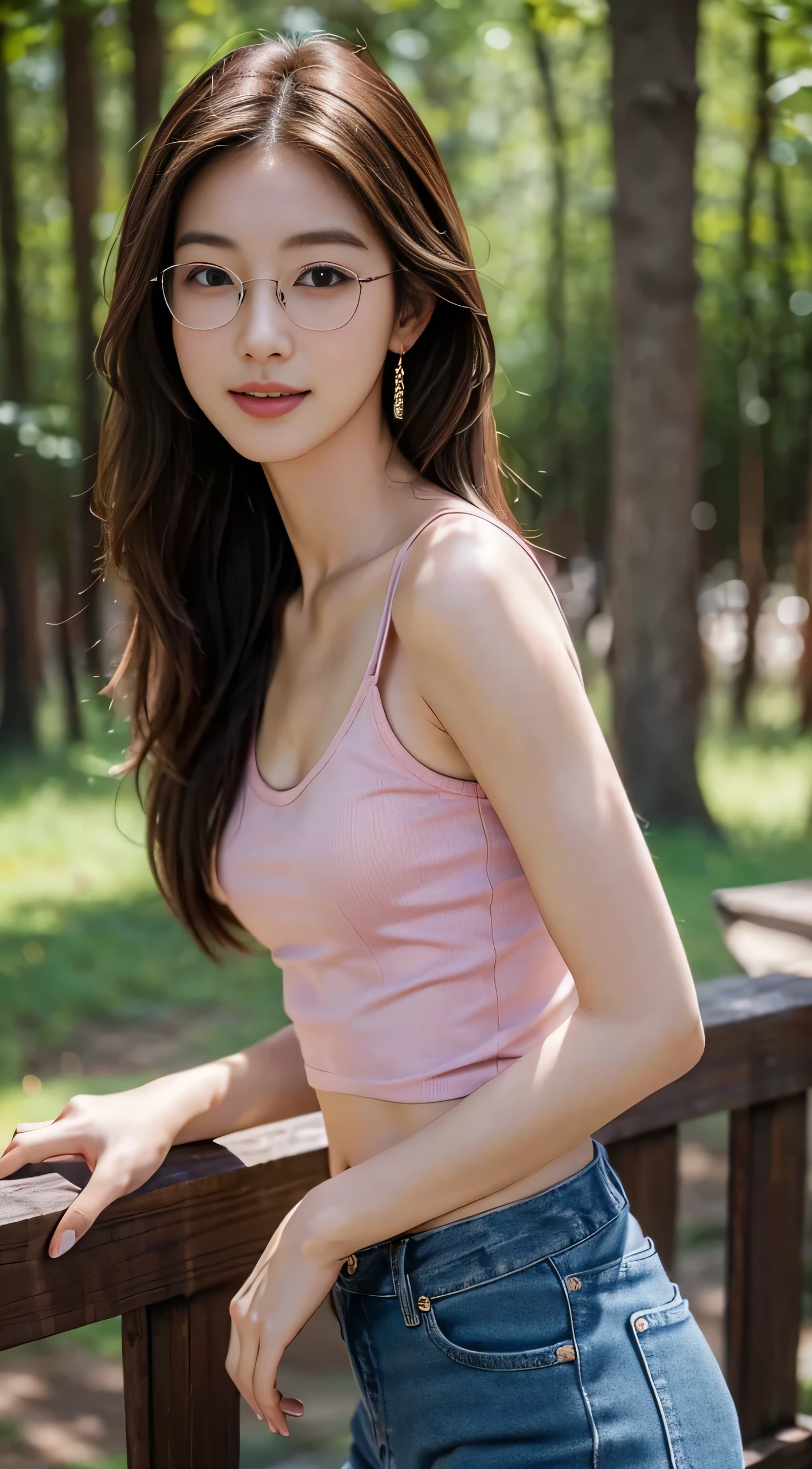 (masterpiece), a stunning photograph of korean girl model, full body, 8k, raw photo, looking at viewer, (highly detailed skin:1.2), small breasts, slim body, brown hair, (photorealistic:1.4), pink top, blue jeans, solo, jewelry, earrings, (looking at viewer), long hair, brown eyes, portrait, realistic, smile, makeup, forest, glasses