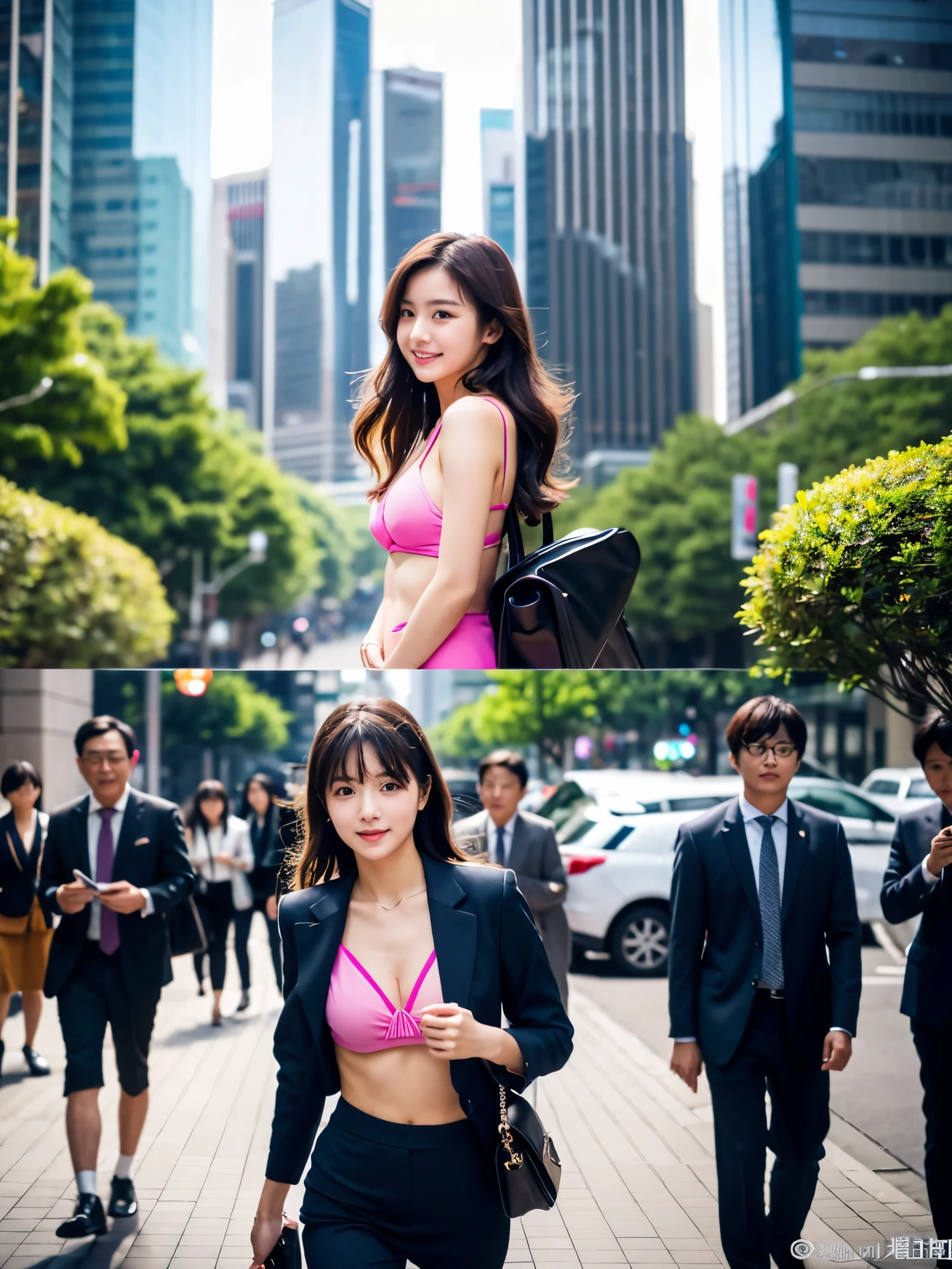 masterpiece、超High resolution、She is very cute and young like an idol...々Cute 20 year old business woman、Gentle and cute、Light pink bikini、Medium Bust、Business Bags、evening、Many office workers in suits are walking along the sidewalk in a city lined with skyscrapers (whole body)、RAW Photos、Genuine、live-action、High resolution、Live Action