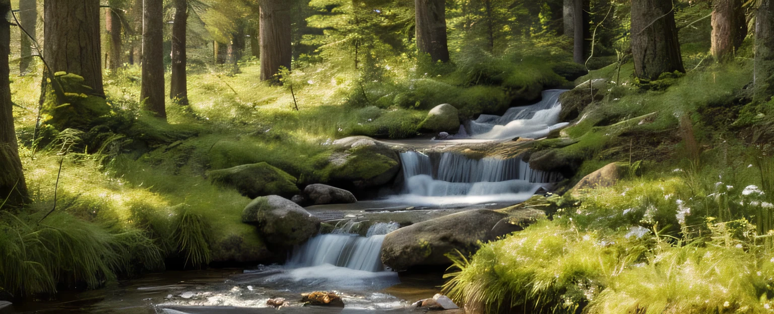 a lush green nordic forest landscape in summer, a beautiful sun-dappled forest clearing with tall pine trees, wildflowers in bloom, a small stream flowing through the scene, a natural tranquil atmosphere, (best quality,4k,8k,highres,masterpiece:1.2),ultra-detailed,(realistic,photorealistic,photo-realistic:1.37),vibrant colors,natural lighting,detailed foliage,intricate textures,serene,peaceful,idyllic