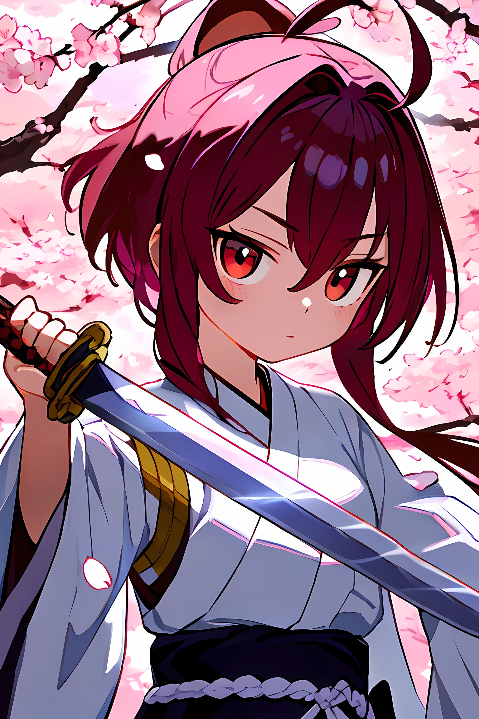 Sword Sakura, upper body, blade to the side, striking pose, blade down, blade in right hand, UBWKatanaOneHand, cherry blossoms, masterpiece, best quality, high quality, high-res, ultra-detailed.