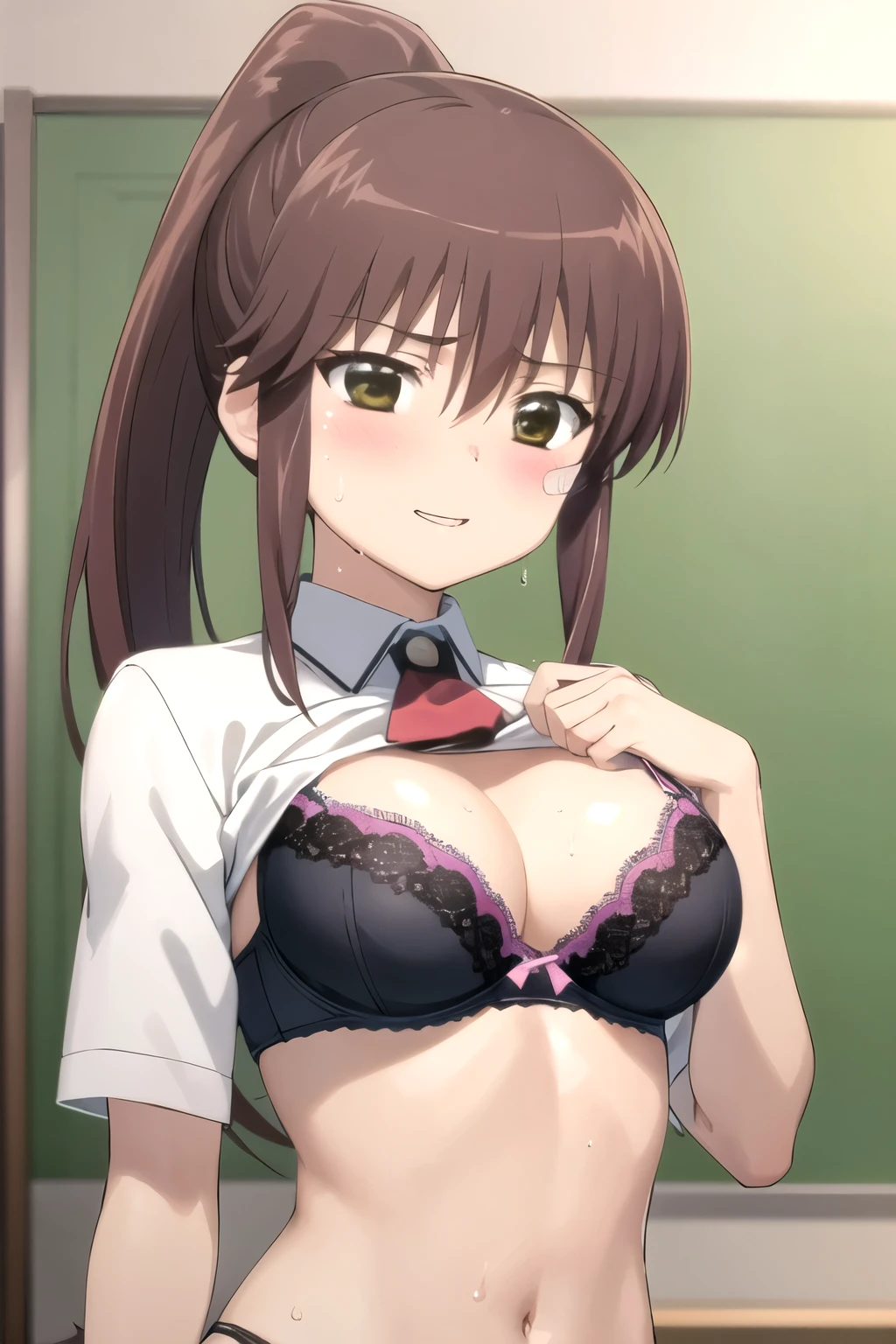 alone, One girl, View Viewer, Flat Color, 2D, anime, anime coloring, Upper Body,School,riko suminoe, ponytail, , Ascot, smile, View Viewer, (middle breast:1.2),busty,full bust,slender,skinny body,ample breast,(shirt lift),clothed bra,(show off bra),(color bra:1.2),(Narrow waist:1.3),cleavage,Troubled face,Sweat,blush,excited,Swollen breasts,((Breasts overflowing from the bra)),A slightly smaller bra