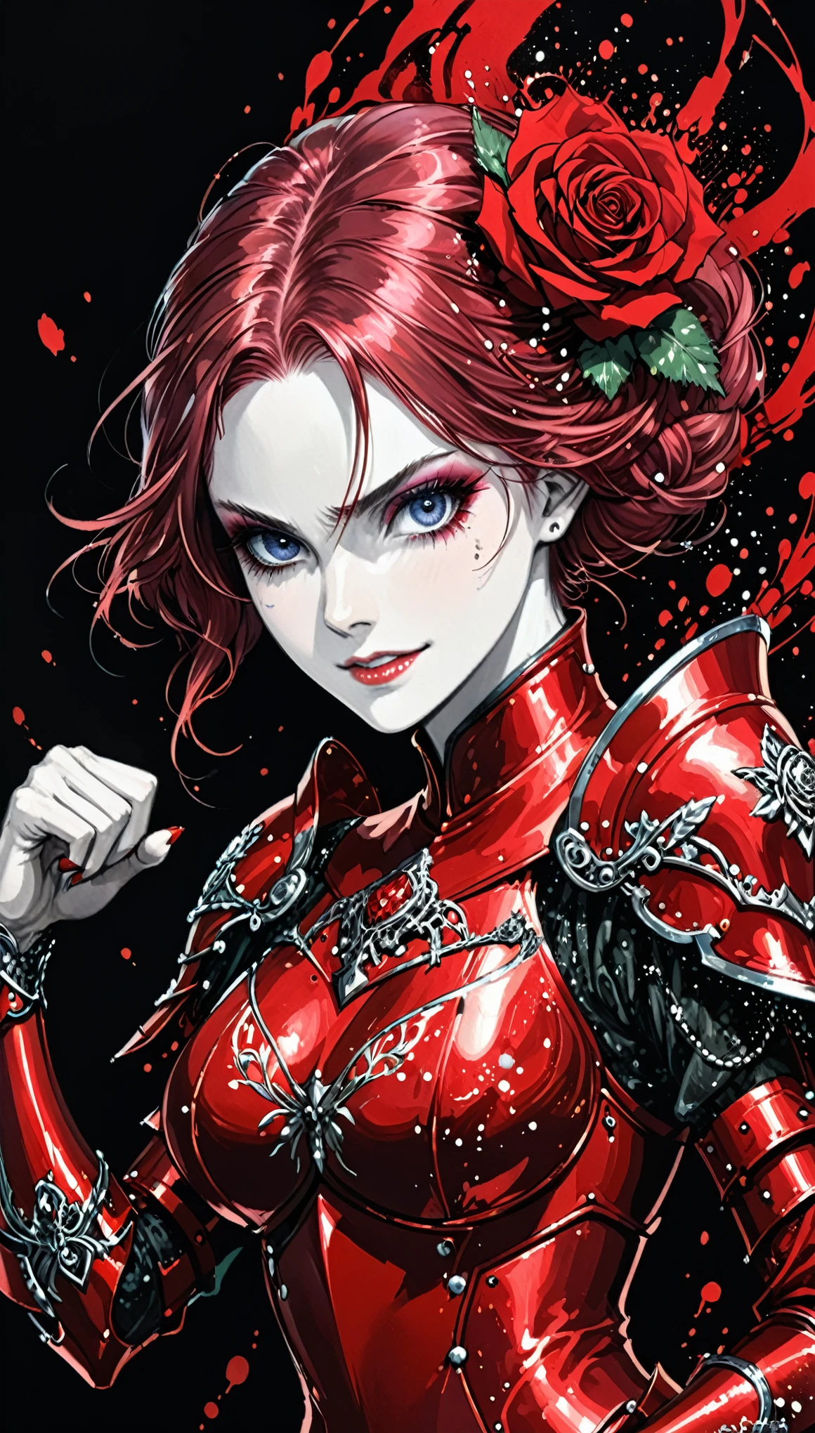 in style of Harry Clarke,character concept design,half body,female ROSE paladin,angry,crazy smile,fighting pose,Magic Effects,Metallic details,Red tone,Unknown background,perfect hands,Red Armor,Core Art,The art of spray painting,Splash Art,Completely refined face