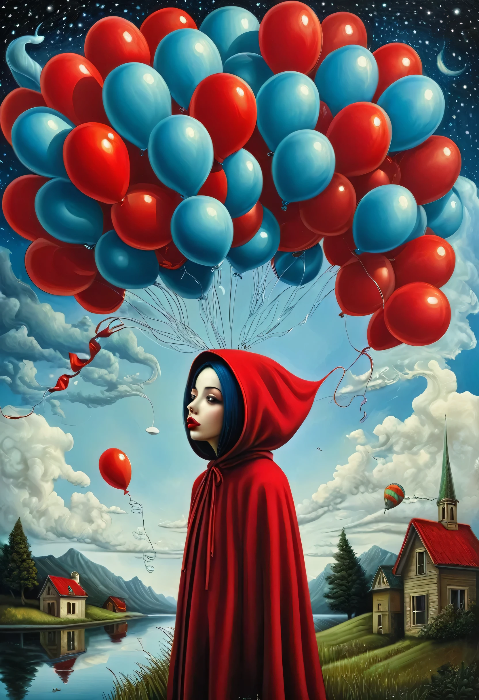 Girl making balloons with gum、wearing red hood、, benjamin lacombe, magical surrealism, Unrealistic picture, Whimsical Surrealism, Jacek Jelka、Vladimir Kush, Surreal oil painting, Surrealist artwork, Surreal Art, magical realism、Strange art, Surreal oil painting,  Brian DeSpain, Surrealist illustration, (surrealism dark art:1.2), surrealismo pop lowbrow art style, Arte Lowbrow, Masterpiece、Starry Night、