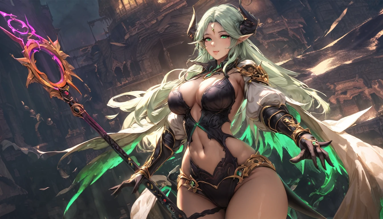 best quality,4k,8k, highres, masterpiece:1.2), ultra-detailed, extremely detailed eyes, extremely detailed body, the average Levianthar woman is a striking and formidable figure, standing tall at around 6 to 7 feet with a lean, muscular build that showcases her strength and agility. Her skin is smooth and slightly iridescent, with a bluish or grayish tint that shimmers under light, reflecting her aquatic heritage. She possesses long, flowing hair that ranges in color from deep seaweed green to midnight blue, often adorned with small, bioluminescent beads or shells. Her large, expressive eyes are adapted for both underwater and terrestrial vision, featuring hues of deep blue or emerald, green, and often possessing a subtle, ethereal glow. High cheekbones and slightly elongated ears add to her otherworldly beauty, while gill-like structures along her neck hint at her ability to thrive in the ocean depths. Her fingers and toes are slightly webbed, enhancing her swimming abilities, and a thick, powerful tail reminiscent of a shark's extends from her lower back, aiding in swift underwater movement. Her overall appearance exudes an aura of strength, grace, and mystery, embodying the unique blend of aquatic and humanoid features that define the Levianthar race, dynamic lighting, cinematic lighting, dramatic atmosphere,