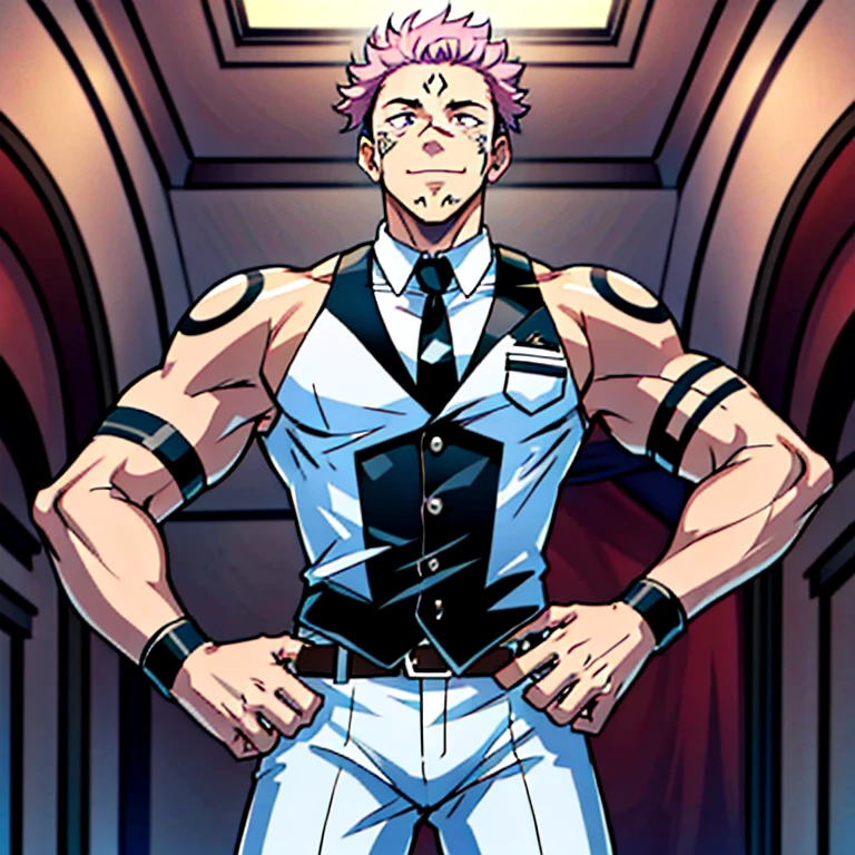 (masterpiece, best quality: 1.2), Solo, male focus, 1boy, sukuna, tattoo_On_his_face, male, full bodyesbian, White leather jacket, White leather pants, White leather waistcoat, Black leather tie, leather gloves, Bulging muscles, A pink-haired, cow boy shot, 8K, super detailing, hands in a pocket, tight suit, inside the house,