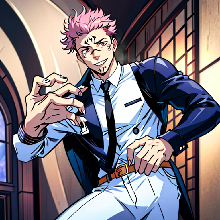 (masterpiece, best quality: 1.2), Solo, male focus, 1boy, sukuna, tattoo_On_his_face, male, full bodyesbian, White leather jacket, White leather pants, White leather waistcoat, Black leather tie, leather gloves, Bulging muscles, A pink-haired, cow boy shot, 8K, super detailing, hands in a pocket, tight suit, inside the house，